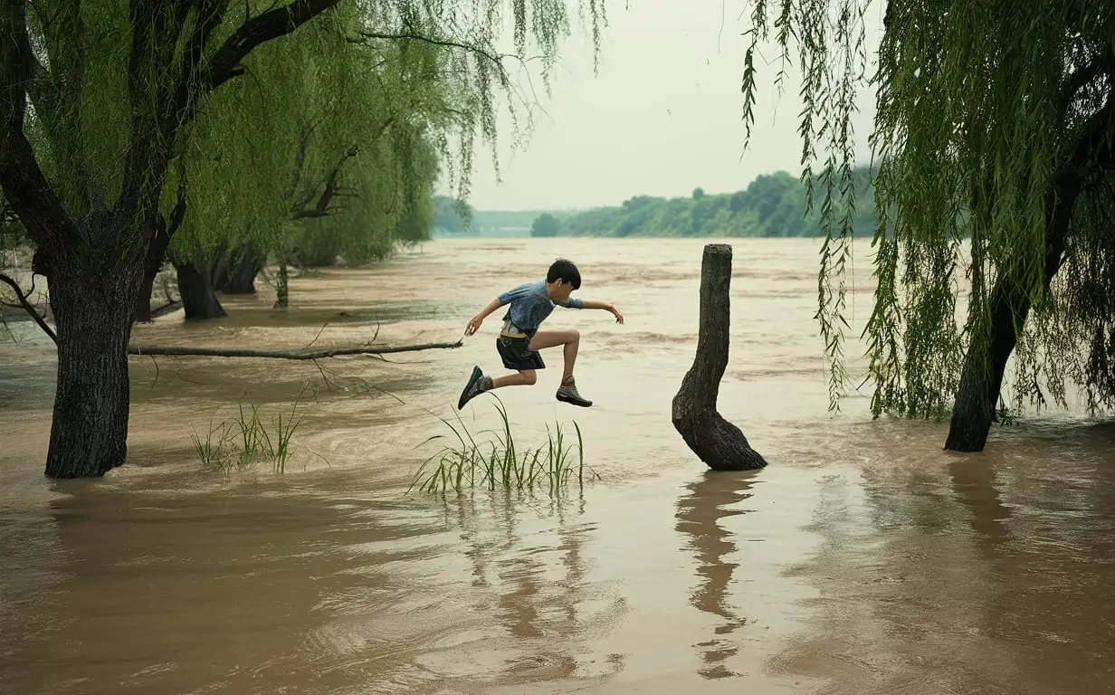 Joyful-Tree-Trunk-Jumping-in-Flooded-Yangtze-River