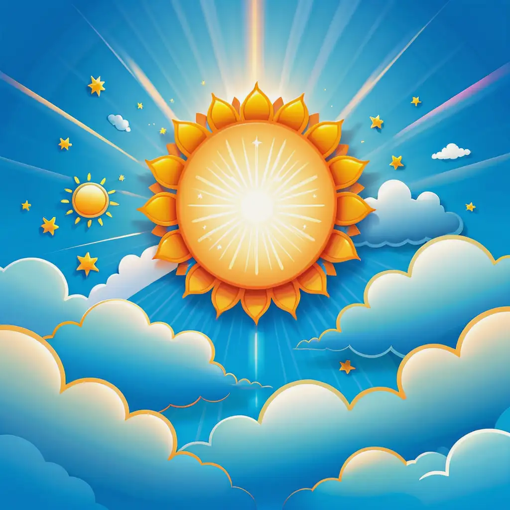 Illustrate an image of a background of a bright sky blue, symbolizing peace and unity, with playful patterns of suns and clouds to give a cheerful vibe.