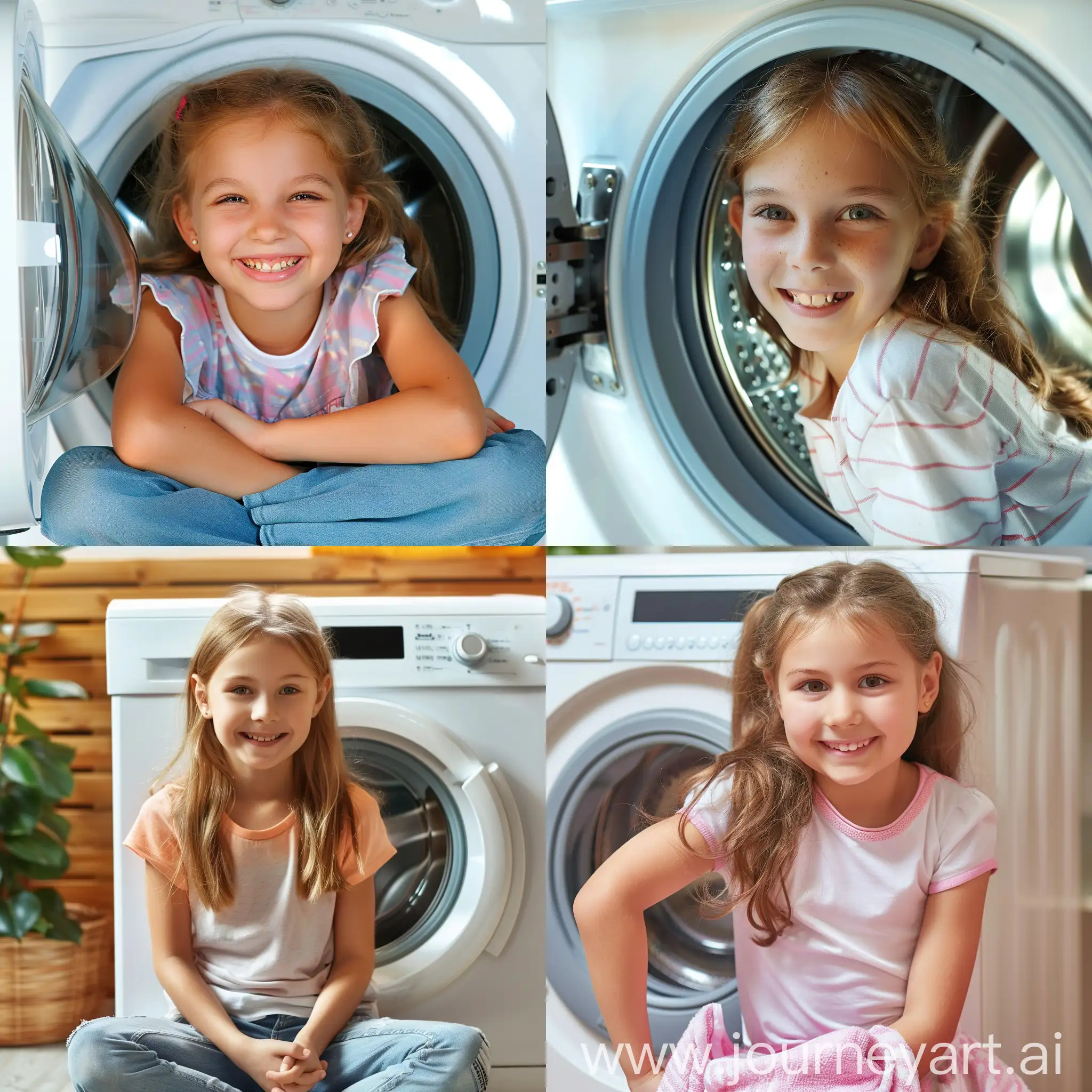 Happy young schoolgirl washed laundered in safe front loader washing machine.