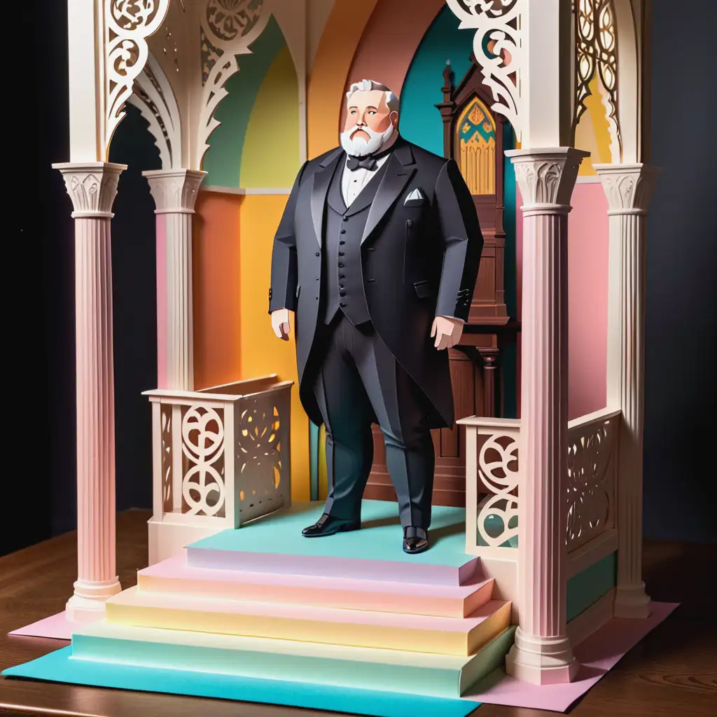 Colorful Layered Paper Illustration of a 19th Century Gentleman by Pulpit