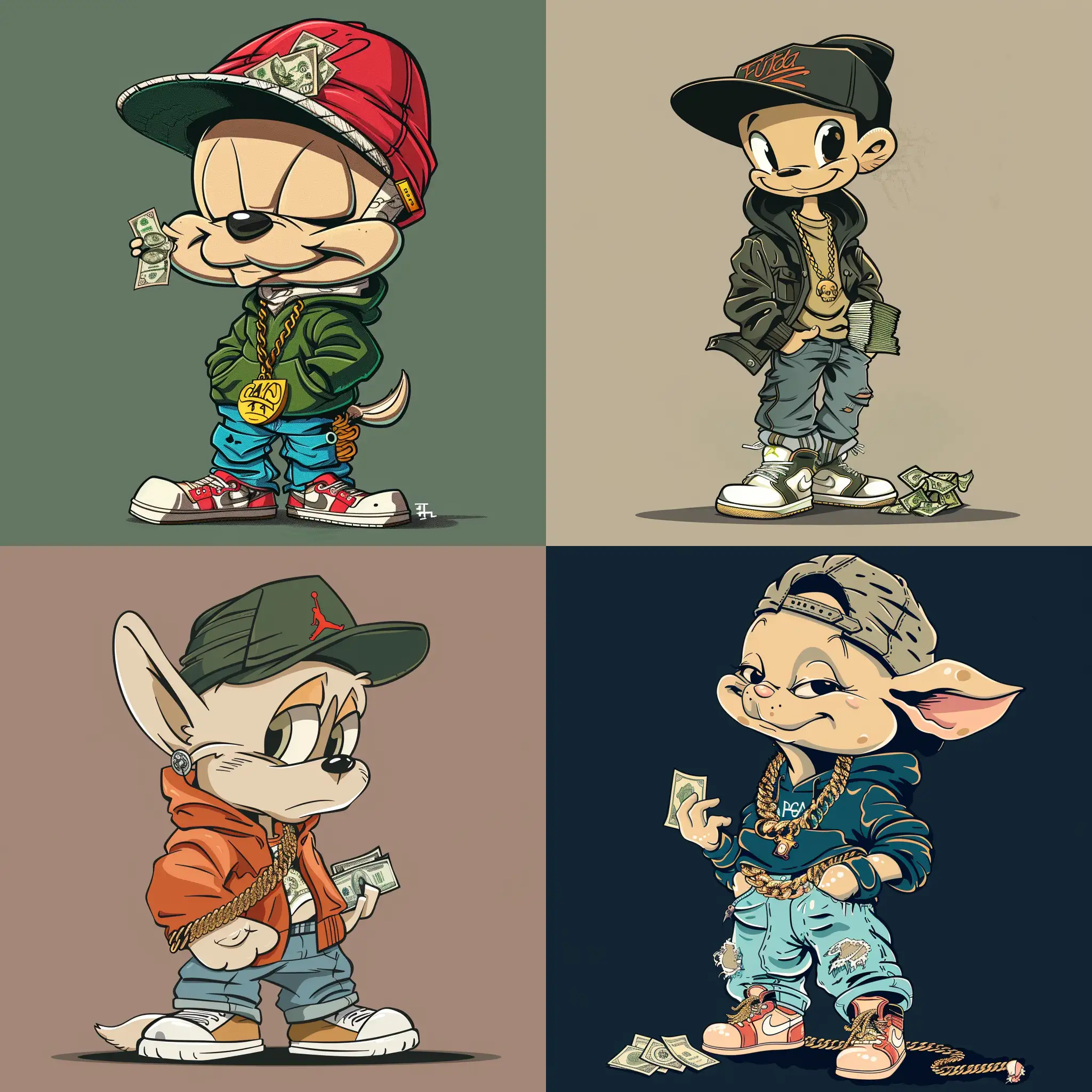 CREATE ME A CARTOON OF ELMER FUDD FROM LOONEY TUNES WITH A SNAPBACK HAT, HOODIE, JEANS, DESIGNER BELT, CUBAN LINK CHAIN ON, STACK OF MONEY IN HIS HAND AND JORDAN RETRO 6 SHOES

