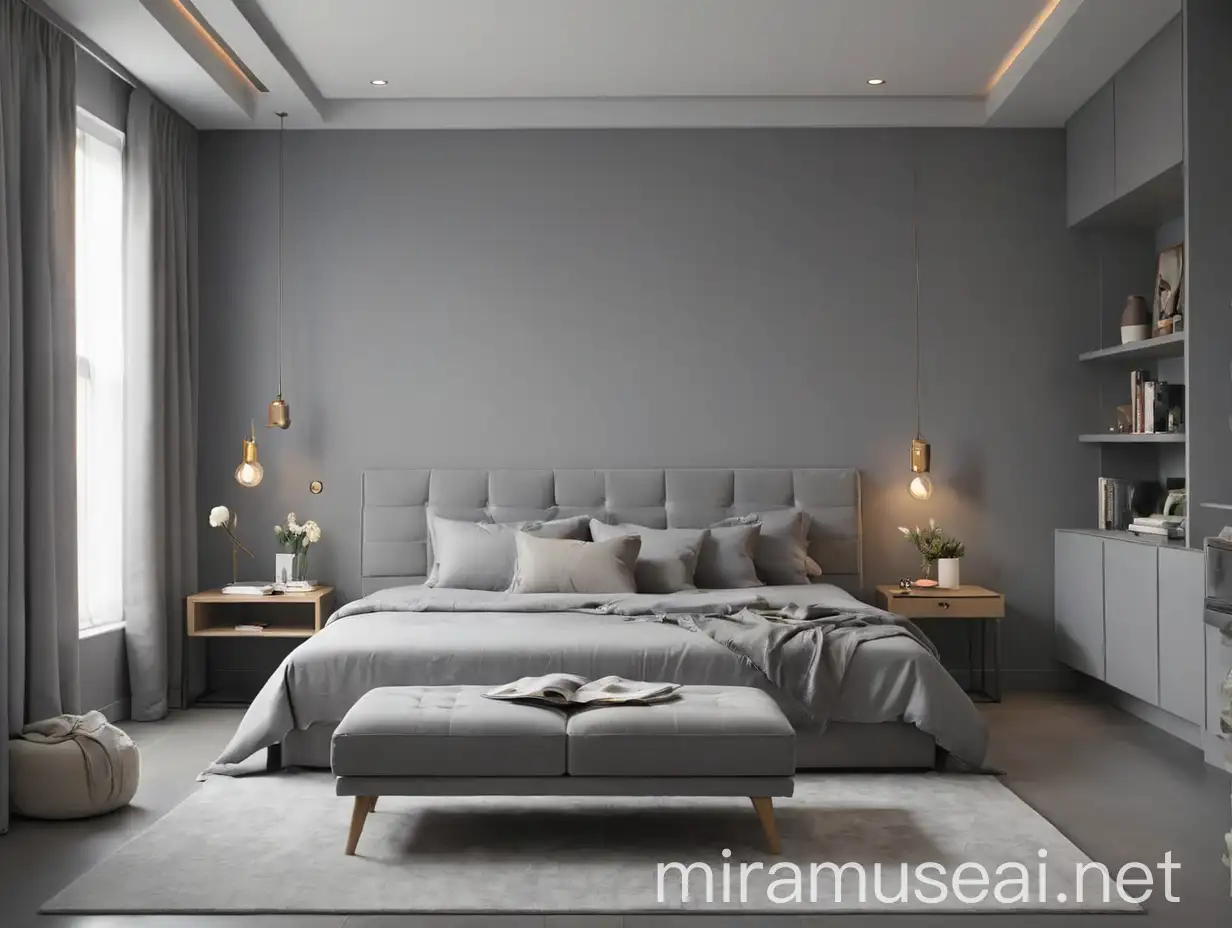 interior bed room design , modern design , grey walls , side sofa grey color