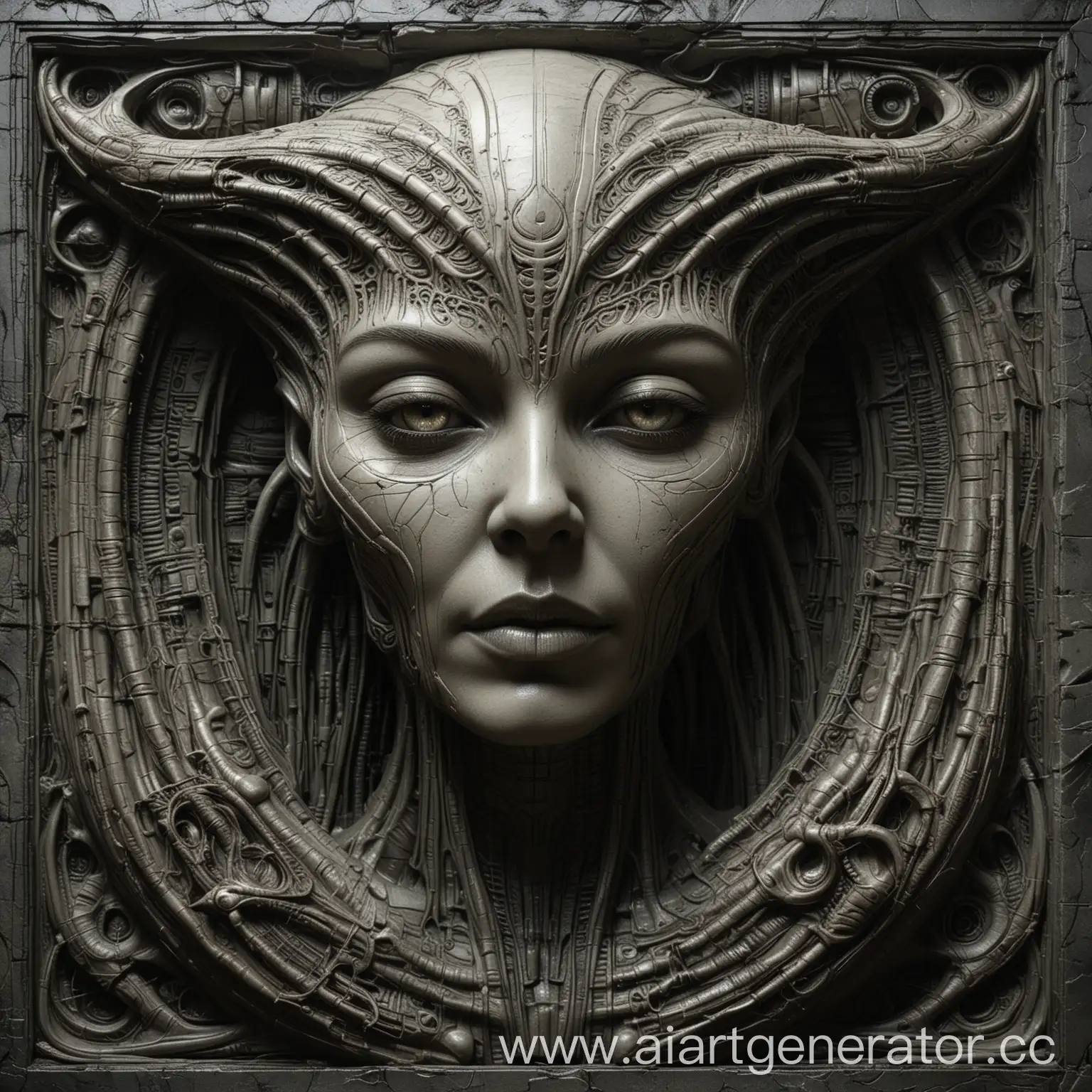 Giger-Style-Stone-BasRelief-Female-Face-and-XenomorphAlien-Synthesis-for-Maximum-Clarity