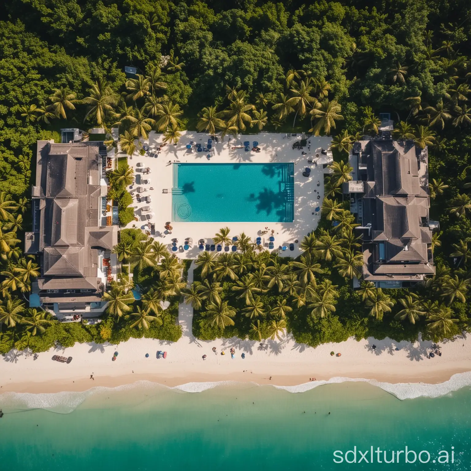 An aerial view of a luxurious resort with a beautiful beach, crystal clear water, and lush green trees. The resort has a variety of amenities, including a swimming pool, a spa, and a restaurant.