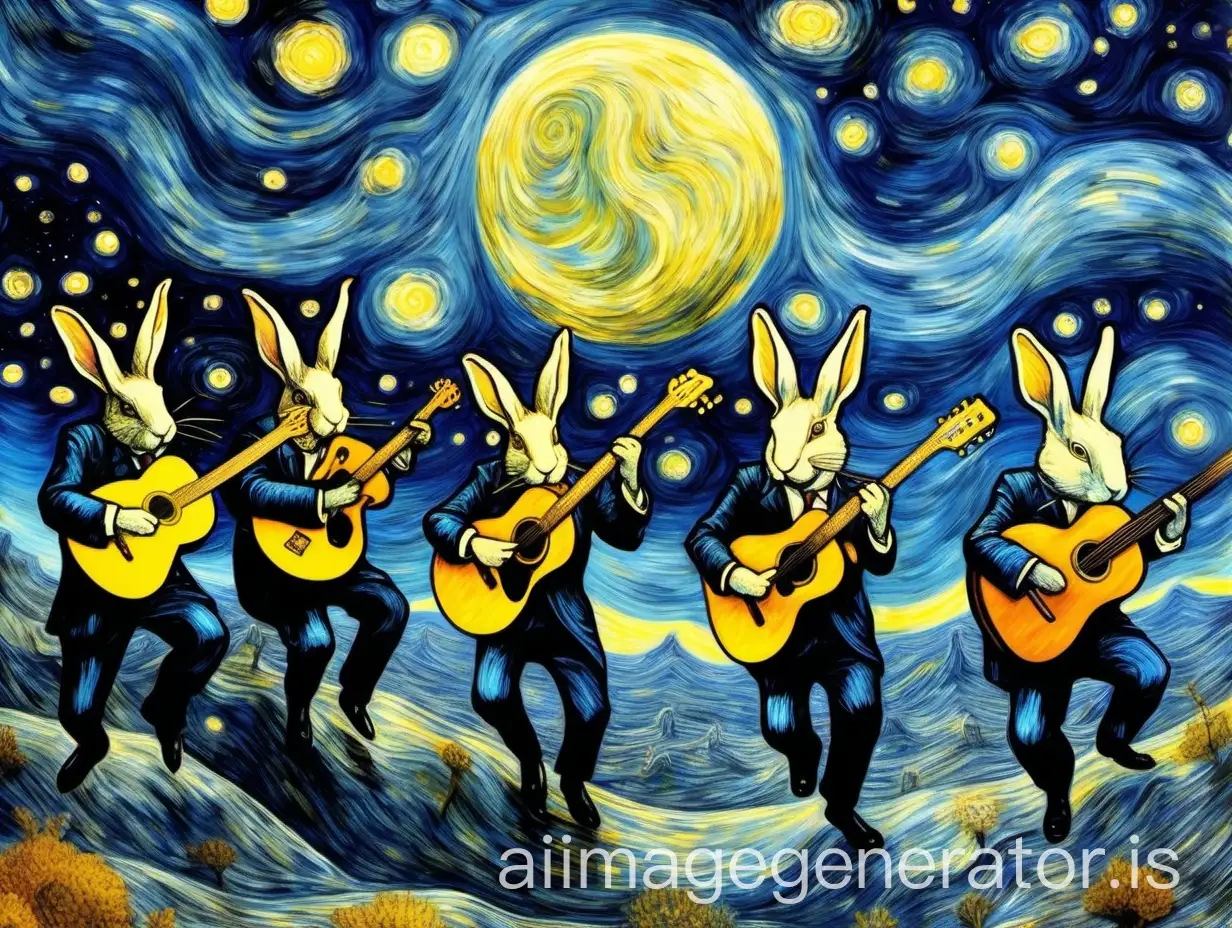 5 rabbits in suits, 2 playing guitar, 1 playing bass, 1 playing drums, and 1 singing, jump to the surface of the moon in the surreal landscape of Van Gogh's starry sky