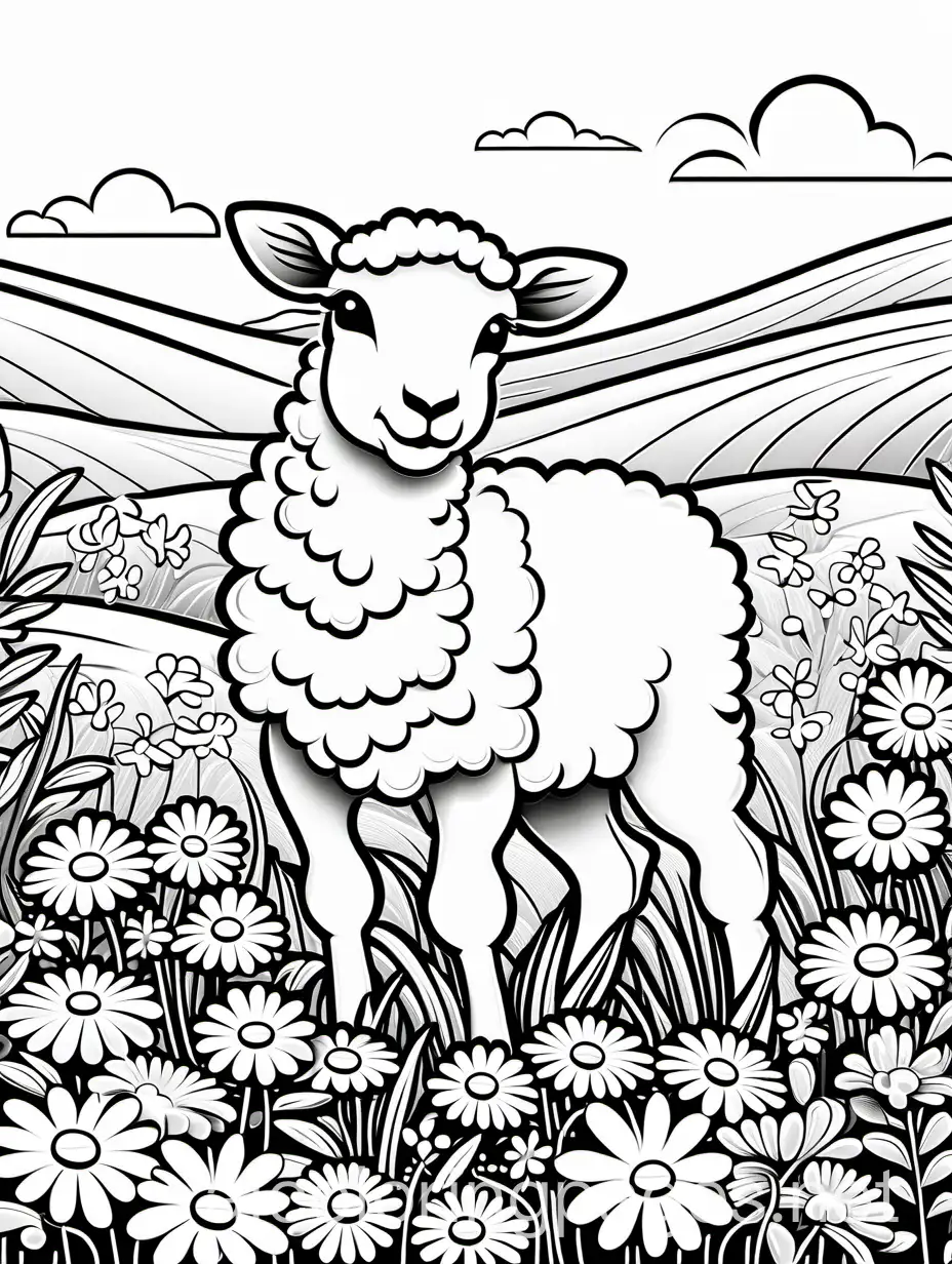 A fluffy lamb frolicking in a field of daisies, Coloring Page, black and white, line art, white background, Simplicity, Ample White Space. The background of the coloring page is plain white to make it easy for young children to color within the lines. The outlines of all the subjects are easy to distinguish, making it simple for kids to color without too much difficulty