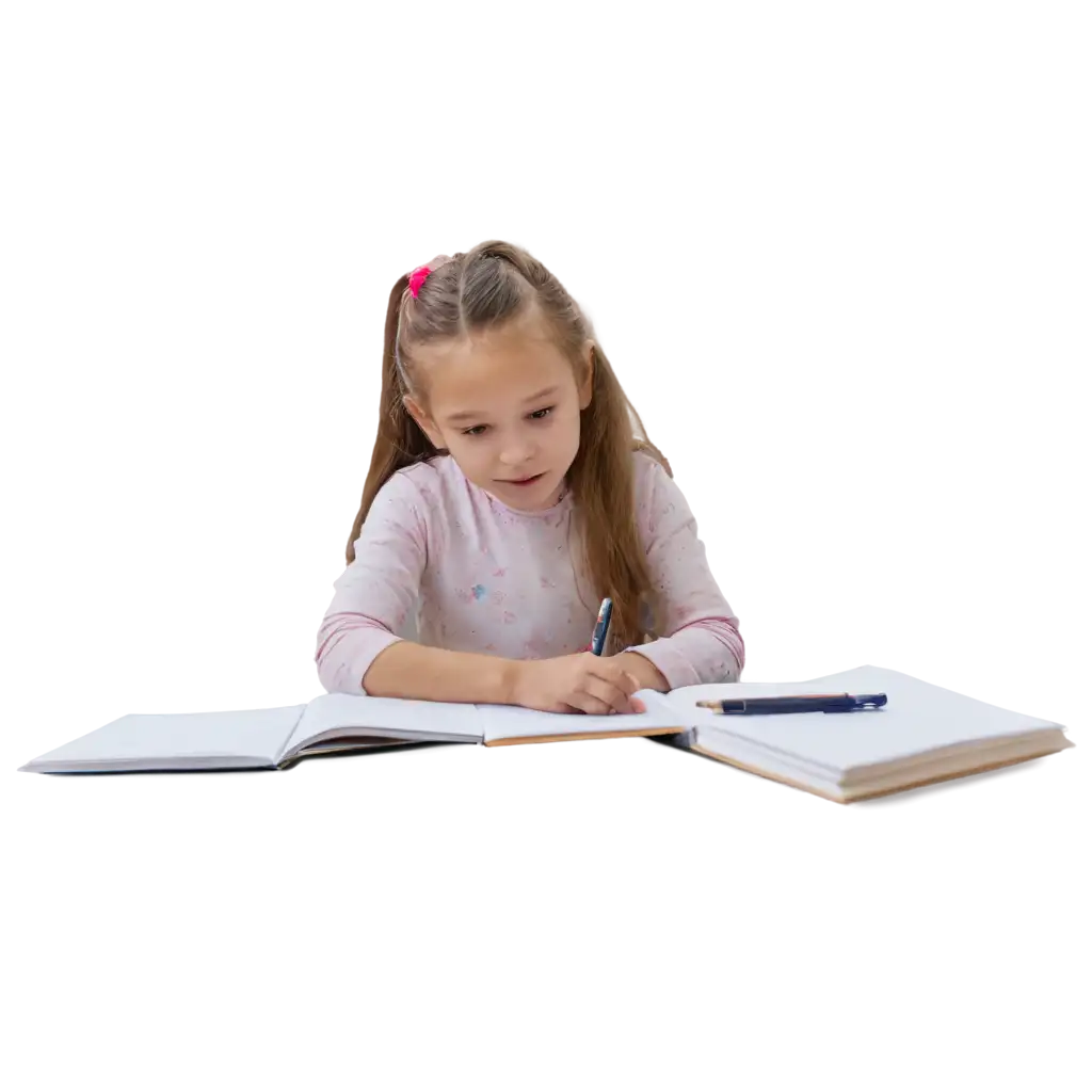 A small beautiful girl doing homework on the floor 