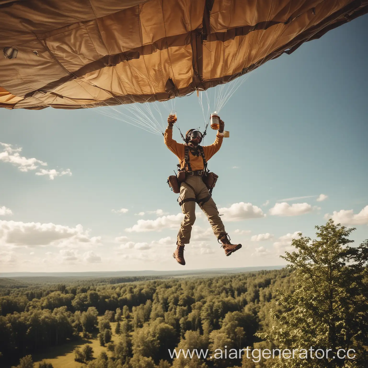 реальное фото. человек прыгает с самолета с парашутом, в руках держит бутылку виски в другом коктейль. видно самолет и внизу лес
