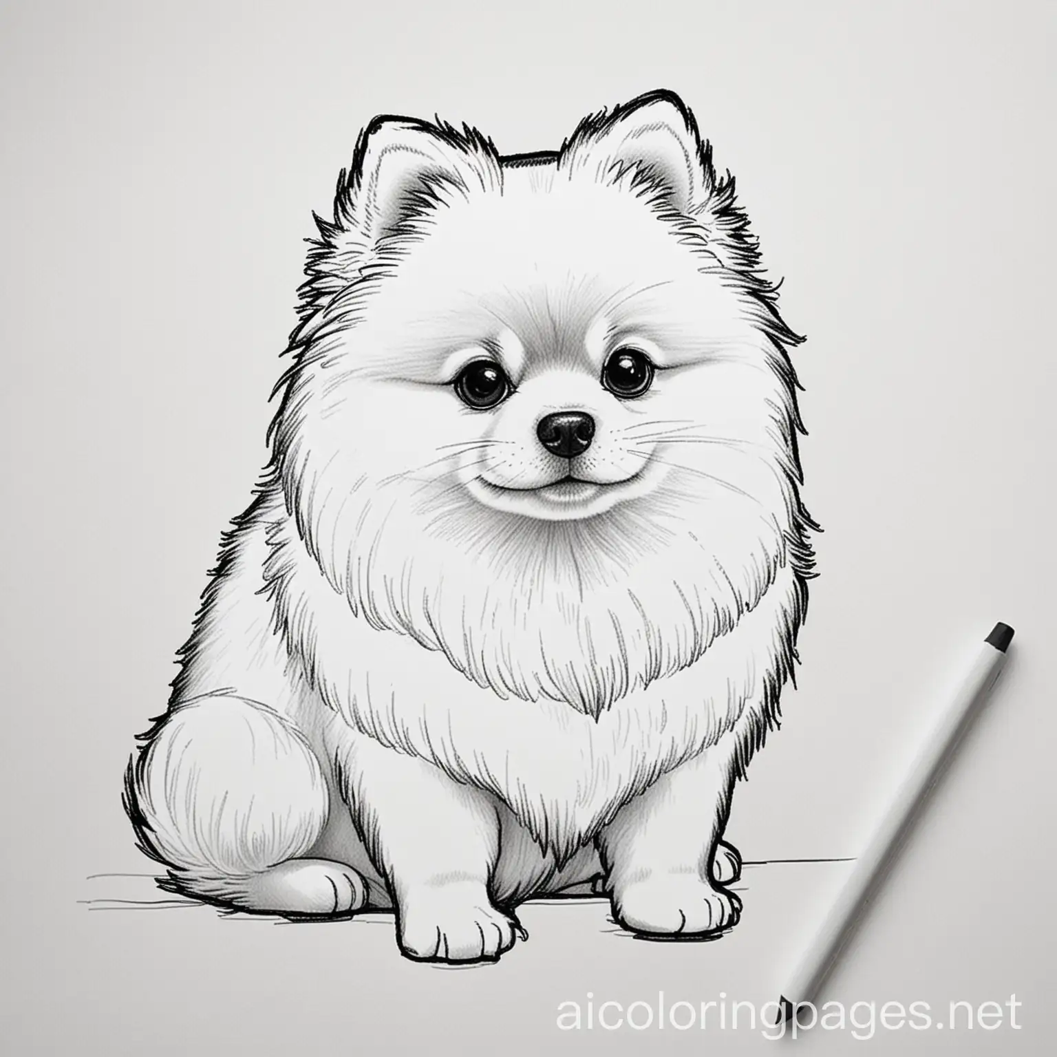 create a miniature Pomeranian dog, use squiggles, patterns, shapes and figures. Fit it in the whole page., Coloring Page, black and white, line art, white background, Simplicity, Ample White Space. The background of the coloring page is plain white to make it easy for young children to color within the lines. The outlines of all the subjects are easy to distinguish, making it simple for kids to color without too much difficulty, Coloring Page, black and white, line art, white background, Simplicity, Ample White Space. The background of the coloring page is plain white to make it easy for young children to color within the lines. The outlines of all the subjects are easy to distinguish, making it simple for kids to color without too much difficulty