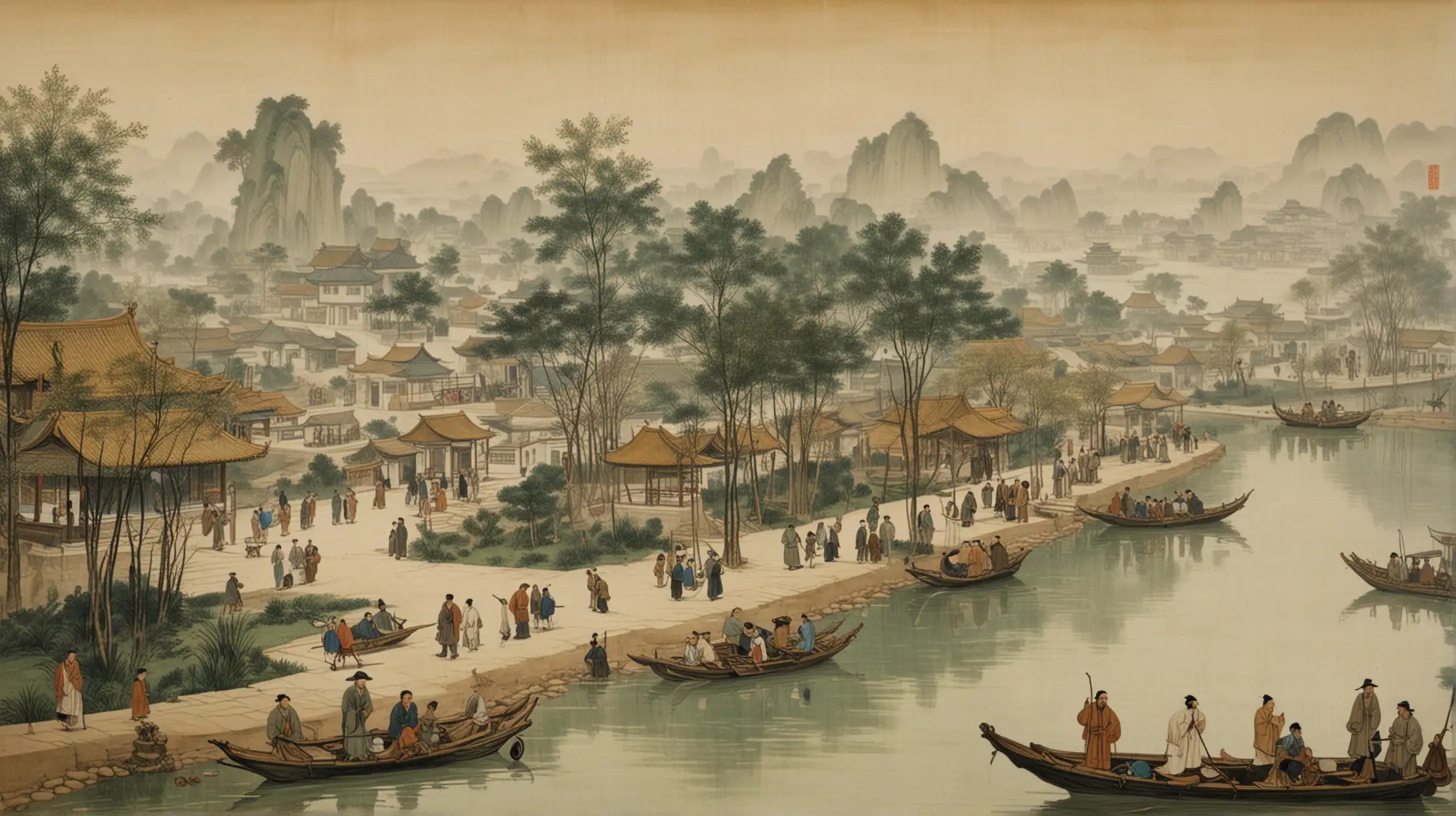 Qingming Riverside Scene Painting in Gongbi Style from the Song Dynasty