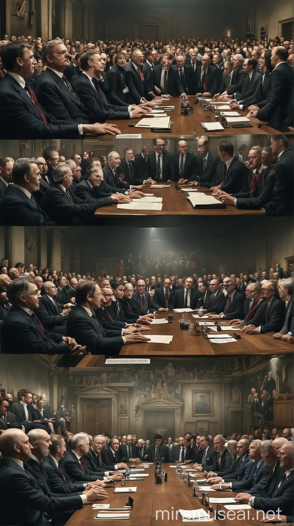 A split-screen image showing conflicting opinions within the British government, with some officials nodding in agreement while others shake their heads in dissent. hyper realistic