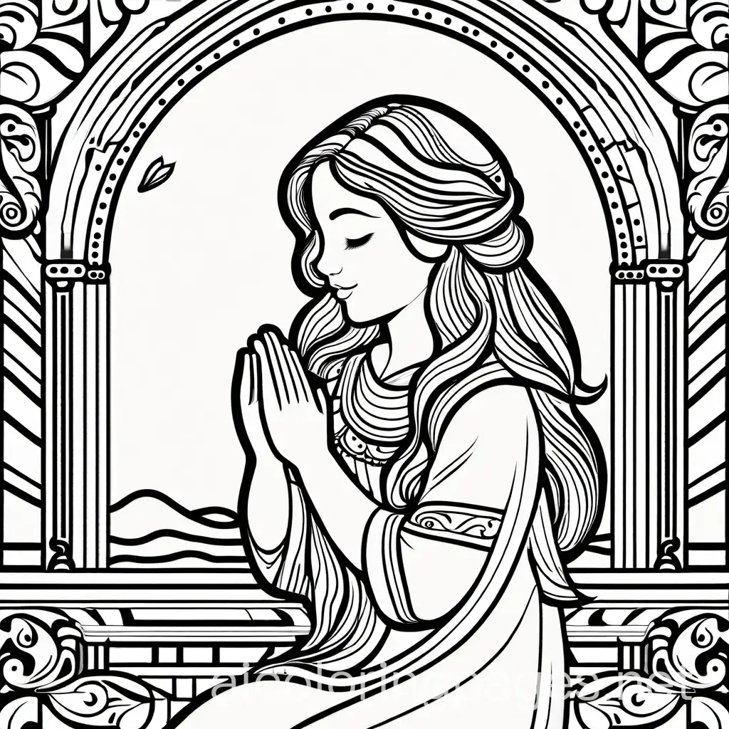 Young-Girl-Praying-at-Window-Black-and-White-Coloring-Page