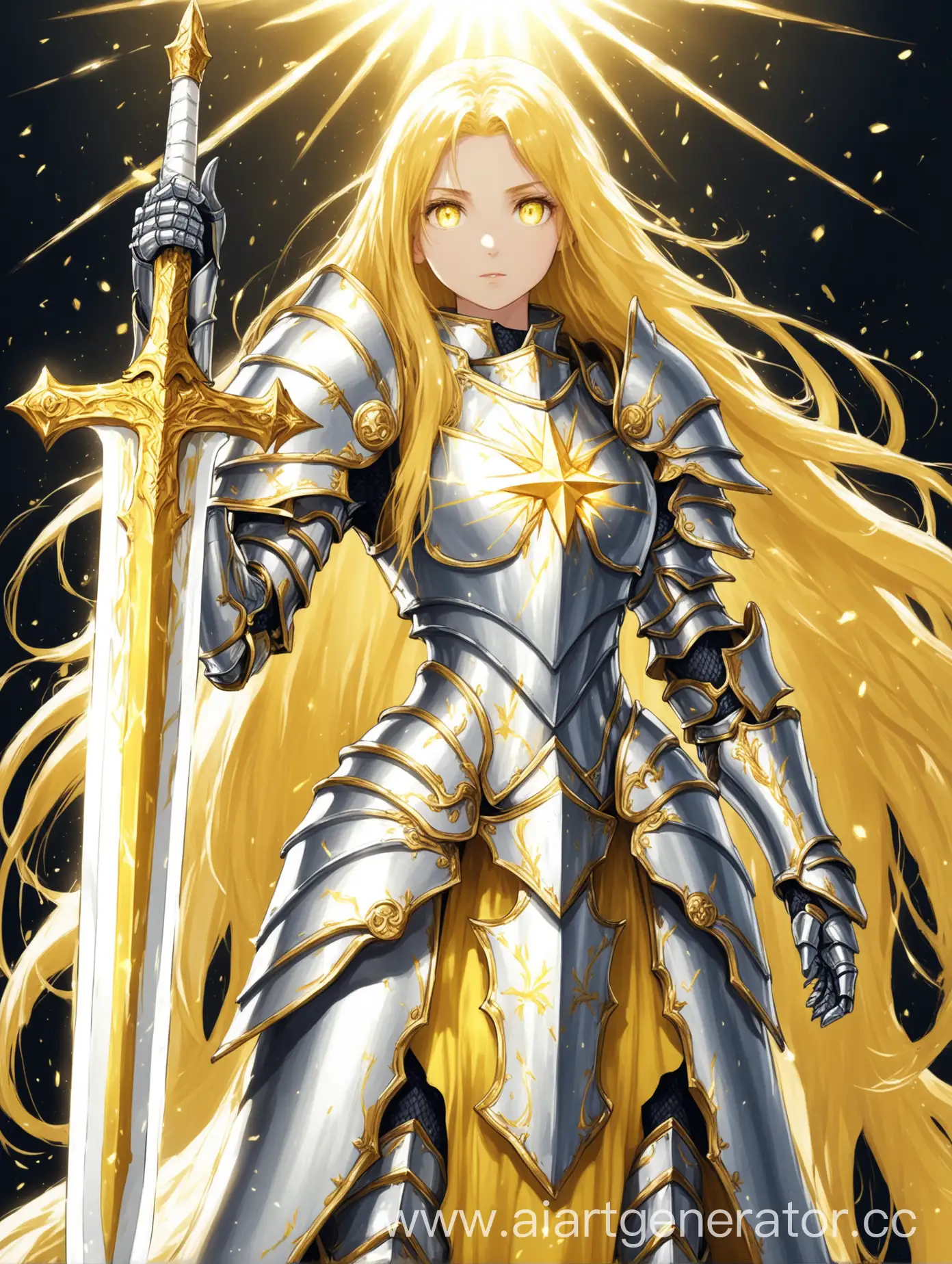 A girl with bright yellow-white long hair with bright yellow-white eyes in a heavy big holy shining armor with a big holy shining sword in her right hand