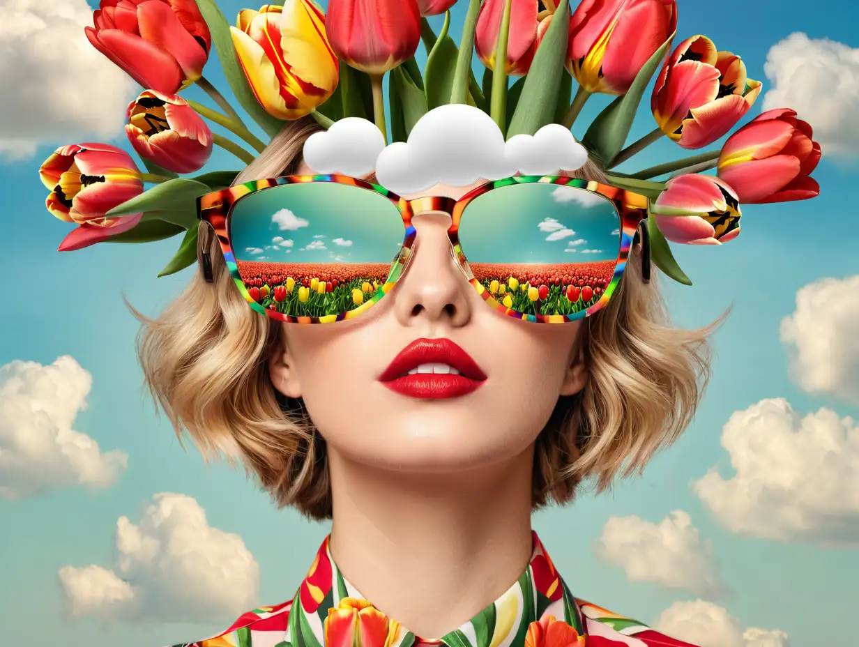 A young woman with short, wavy, blonde hair, full, red lips, wearing a shirt printed with colorful tulips, wearing glasses reflecting a bed of tulips, clouds between the glasses and the woman's forehead, colorful tulips on her head. 3D