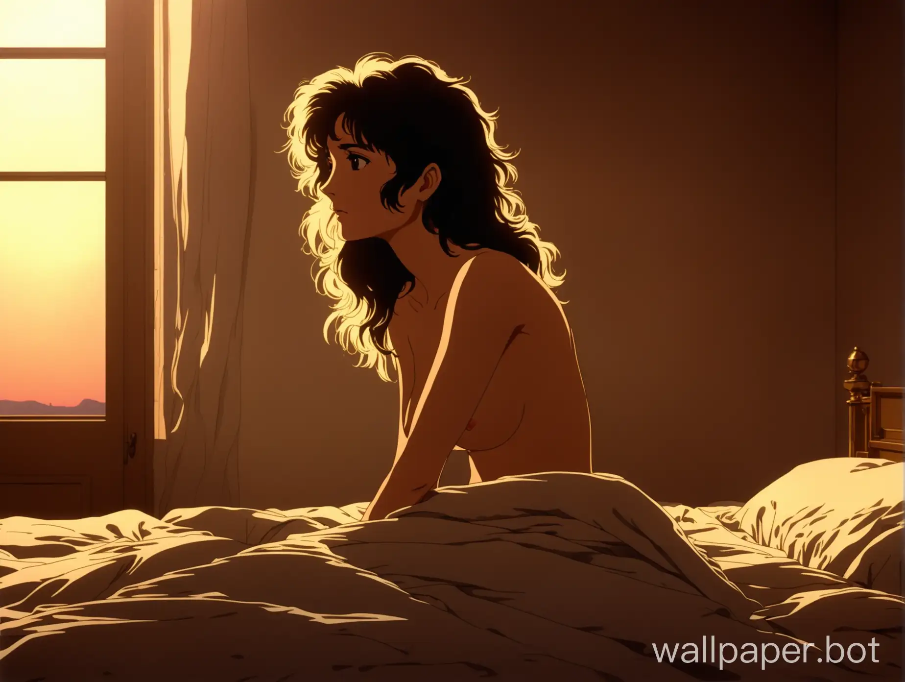 retro 1980s anime, full body portrait of a stunningly beautiful young Italian woman sitting up in bed, she just woke up, side view, topless, under the covers, lazy and tired, disheveled and messy, attractive breasts, Roman bedroom interior, sensual, golden hour lighting