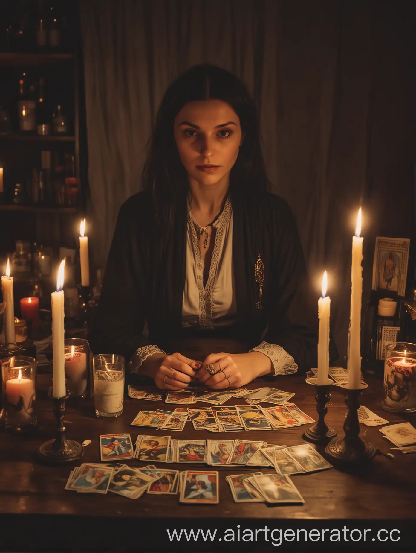 женщина одетая сидит в обстановке при свечах гадает на картах таро, смотрит в камеру, близкий кадр,  