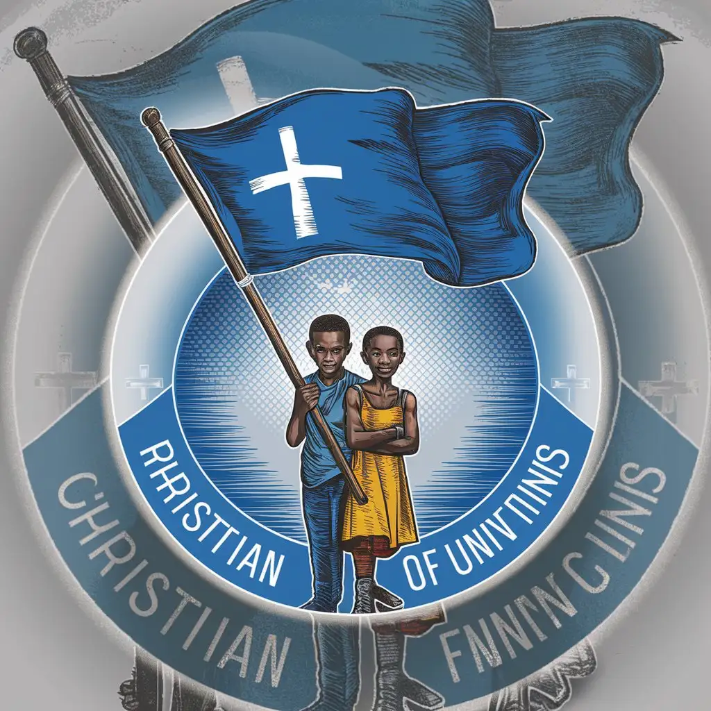 a logo design,with the original text 'ELC Wampar Seket Yut', main symbol:Create a logo featuring a * blue flag* * symbol of 2 african youth (boy and girl)* holding the flag. The flag should prominently display the Christian long cross symbol across the flag. The overall design should be balanced and harmonious, with a circular frame representing unity and continuation. Use blue color.