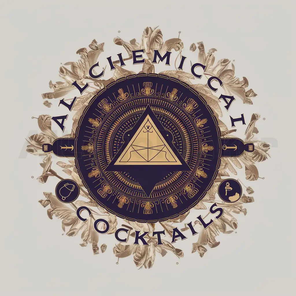 a logo design,with the text "Alchemical cocktails", main symbol:Alchemy Symbol: Incorporate alchemical symbols (like the philosopher's stone, or symbols for the four elements: earth, water, air, fire) to give a mysterious and magical vibe. Vintage Style: Use a vintage or steampunk aesthetic, with intricate designs and a mix of old-world fonts and illustrations. Cocktail Imagery: Blend traditional cocktail elements (like a cocktail shaker, glass, or ingredients) with alchemical tools (like a beaker or a distillation apparatus). Color Scheme: Consider using rich, dark colors like deep blues, purples, golds, and blacks to evoke a sense of luxury and mystery. Typography: Choose a font that reflects the ancient and mystical theme, perhaps something elegant and ornate. Sketching a Concept Imagine a round logo with a central alchemical symbol, like the philosopher's stone, surrounded by ornate patterns. Around the edge, integrate subtle images of cocktail glasses and mixing tools. The name 'Alchemical Cocktails' could arc around the top and bottom of the circle in a stylish, vintage font. The color scheme could be gold and deep purple.,complex,clear background