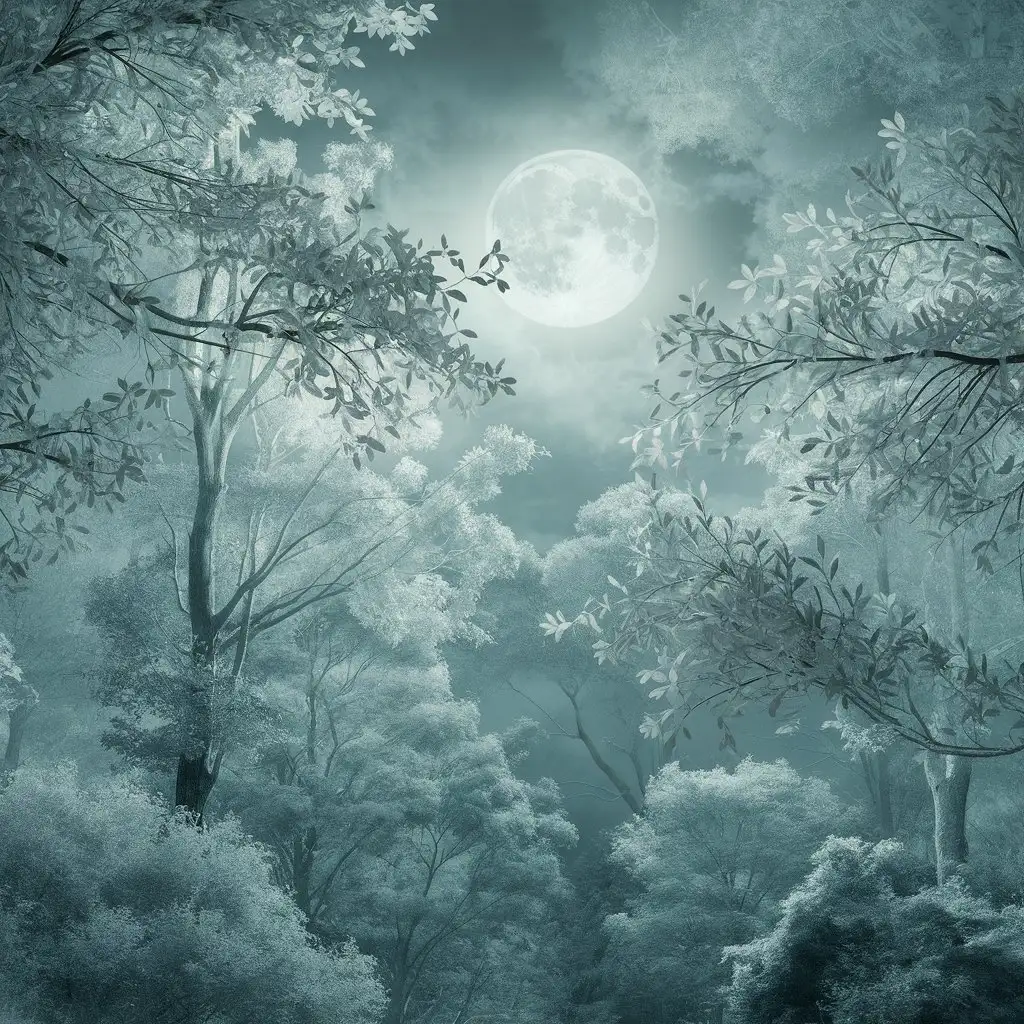 A full moon casting an ethereal glow on a tranquil forest landscape.