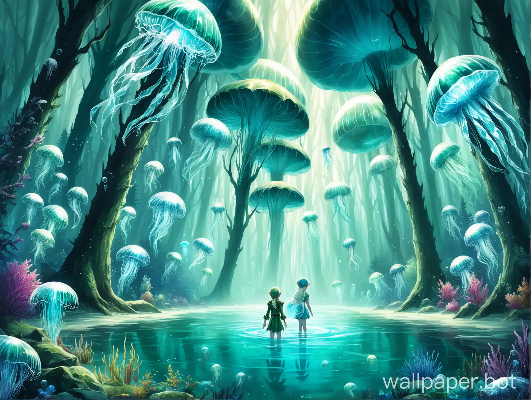 crystal forest with an elf holding a jellyfish in shallow water and trees