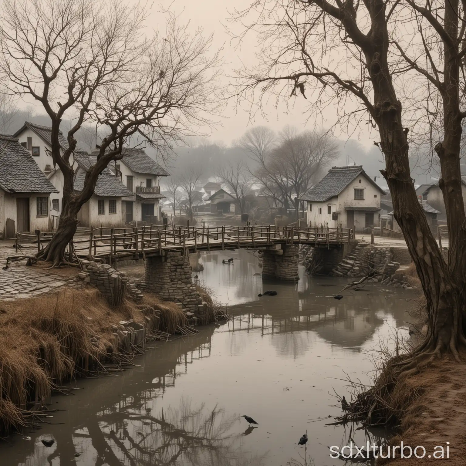 Tranquil countryside scenery, with withered vines entwined around old trees and a flock of dim-colored crows perching on the branches. Below is a small delicate bridge, clear water ripples under it, and one can see the bottom clearly. There are several houses beside the bridge, their roofs covered with gray tiles, white walls contrasting sharply with the surrounding scenery. The entire picture, painted in muted ink tones, creates a quiet and desolate atmosphere, revealing the tranquility and peacefulness of rural life.