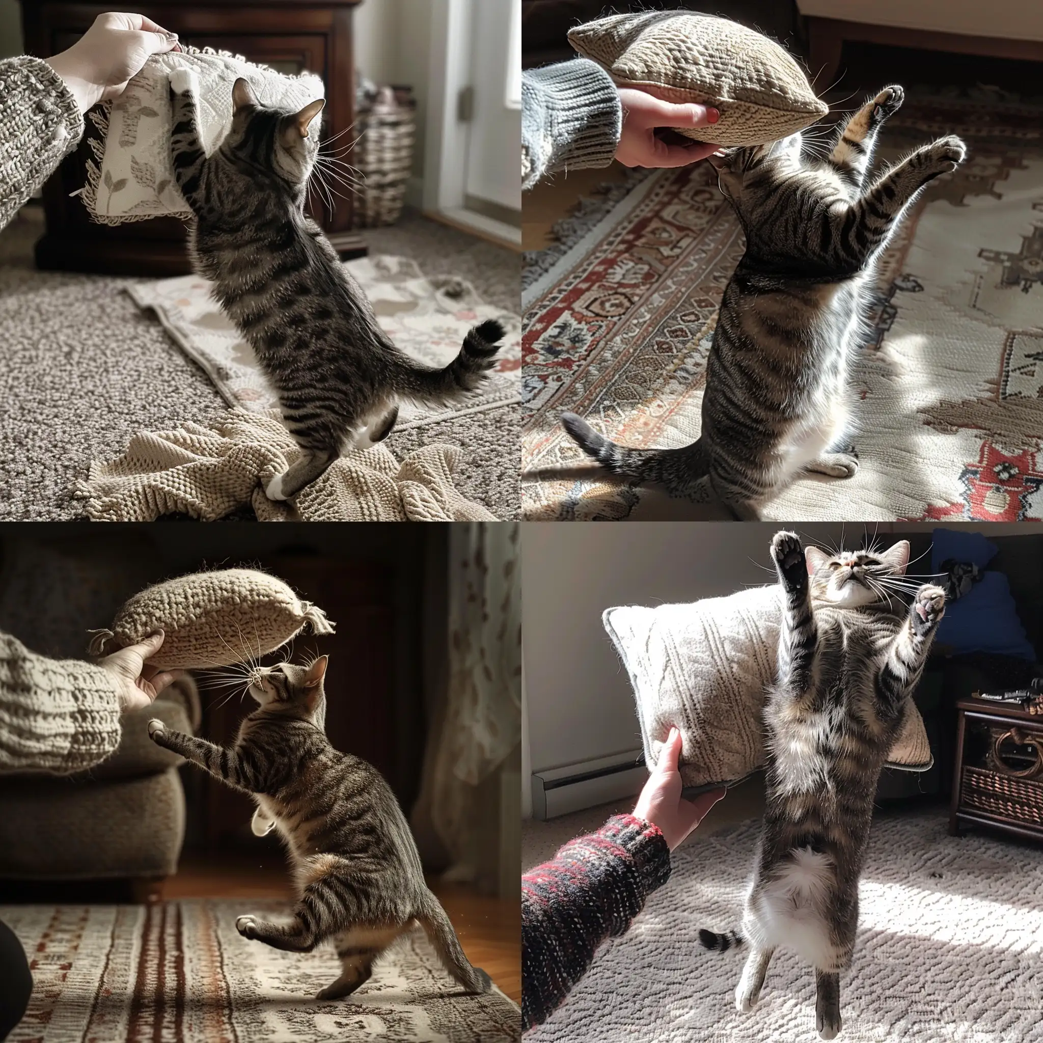 Cozy-Hand-Holding-Pillow-Above-Leaping-Grey-Cat