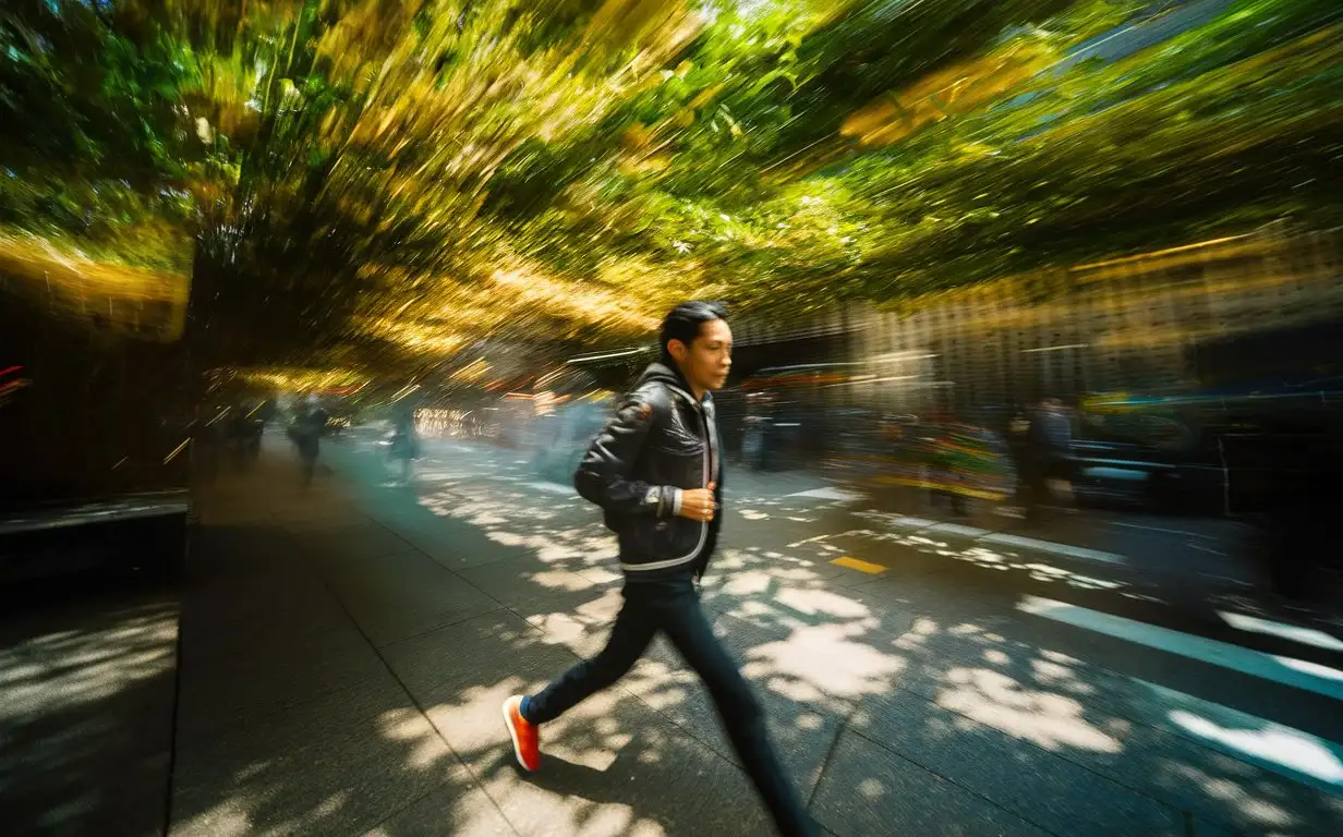 A pedestrian walking through a bustling street, sunlight filtering through the gaps of tree leaves, casting mottled shadows on them. The pedestrian's face is focused, and their steps are quick. The scene is filled with the essence of life, and the contrast between light and shadow makes it more vivid. Captured by the Sony a7m3, capturing the fleeting moment of a street pedestrian.