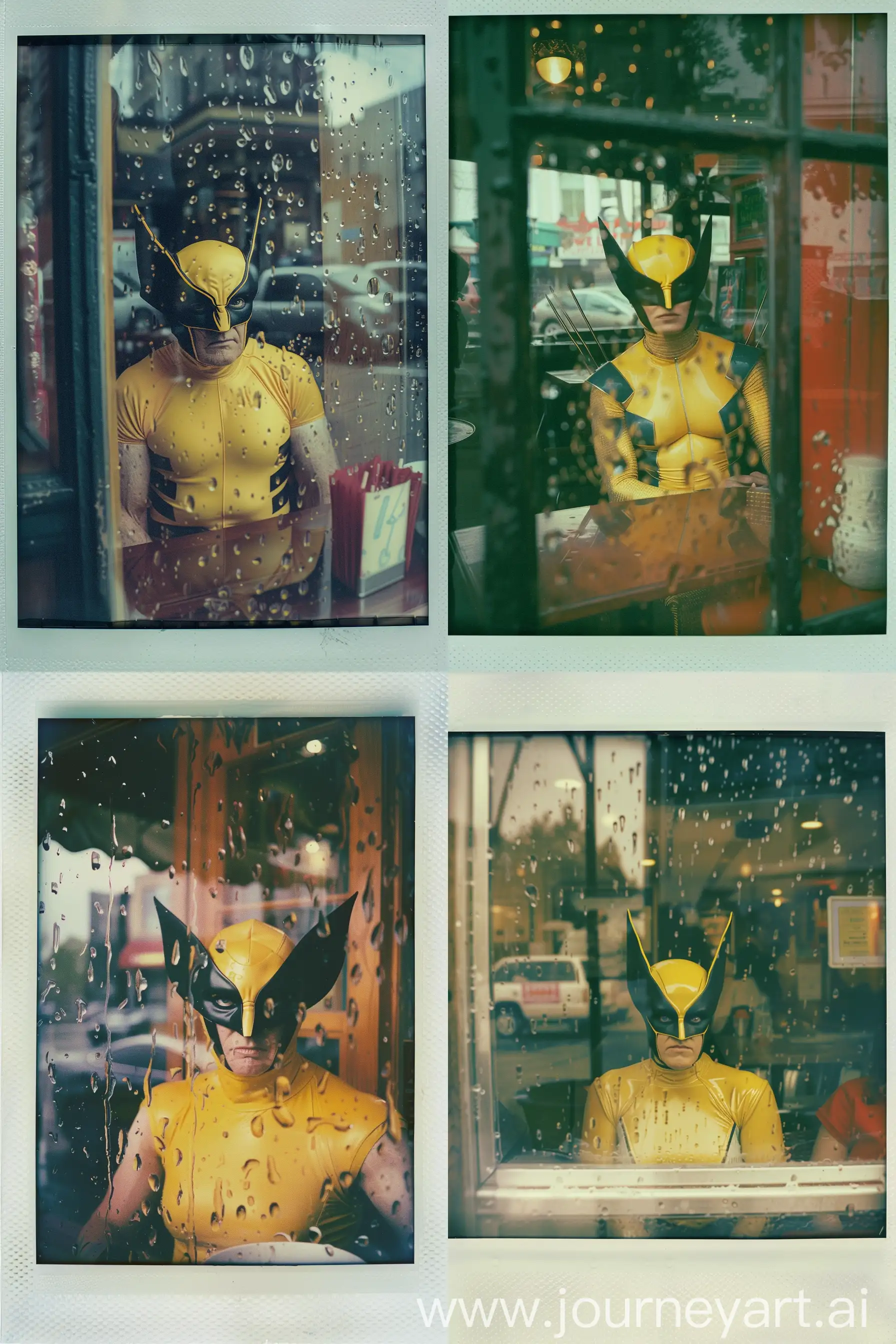 Prompt : wide angle polaroid photo of old Wolverine in iconic yellow costume, inside a cafe through a window. many raindrops on the window and very strong reflections on the window. she look far outside blankly. calm nostalgic atmosphere. film grain. kodak portra 800 film. --ar 2:3 --v 6.0