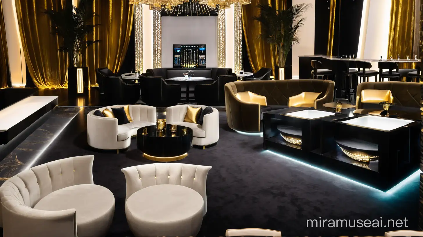 Luxurious Gold and Black Night Club with Stylish Seating and DJ Stage