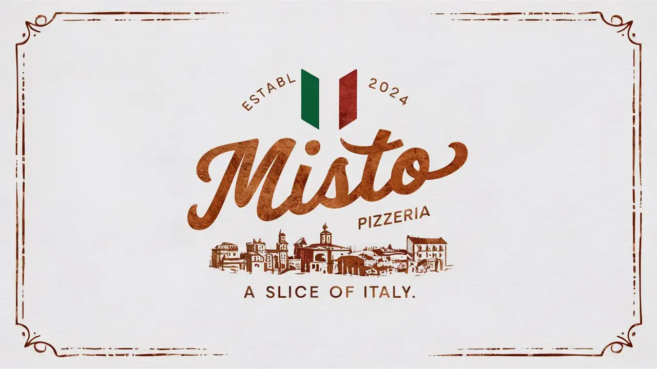 Misto Pizzeria , Letter mark , Minimal , Edge decoration, Italian colors , Textured White Background , EST 2024 , Italy flag , Vintage, Slogan, Slice of Italy, Sketched Italian City, Brand