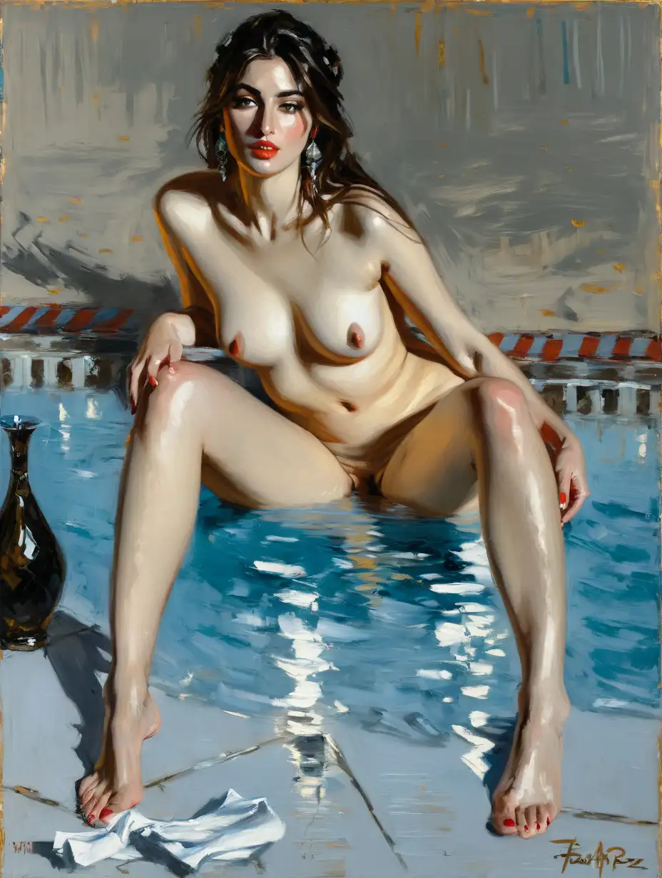 Expressive Painting of a Naked Woman by the Pool in a Harem