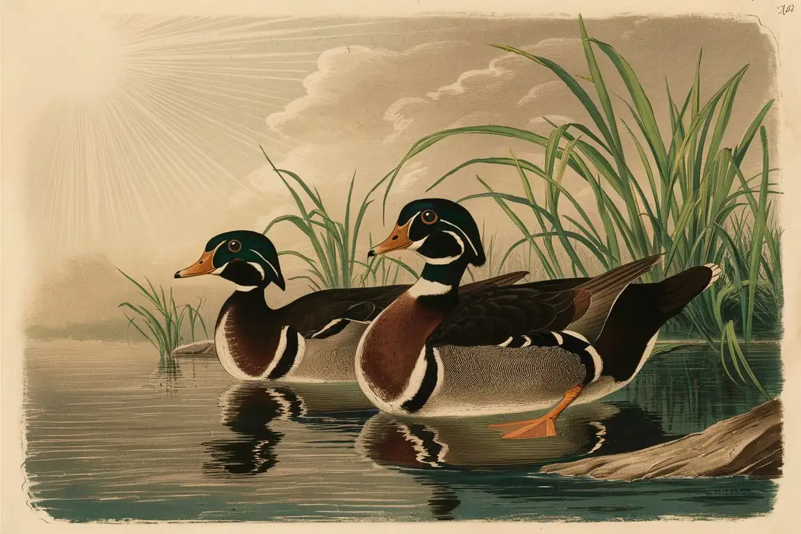 Vintage Print of Wood Ducks Floating in Tranquil Waters