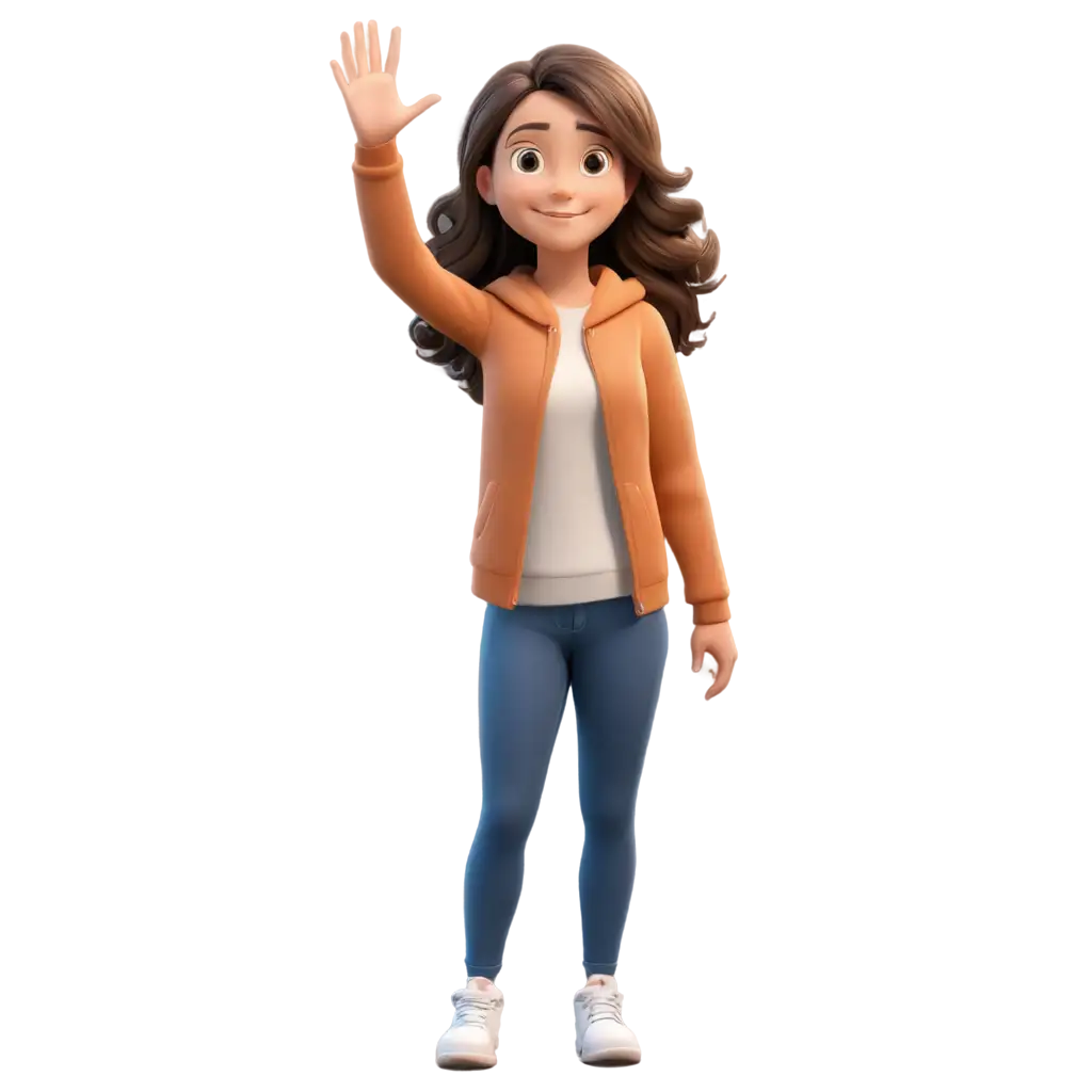 Adorable-Cartoon-Girl-with-Brown-Hair-Waving-Hand-HighQuality-PNG-Illustration