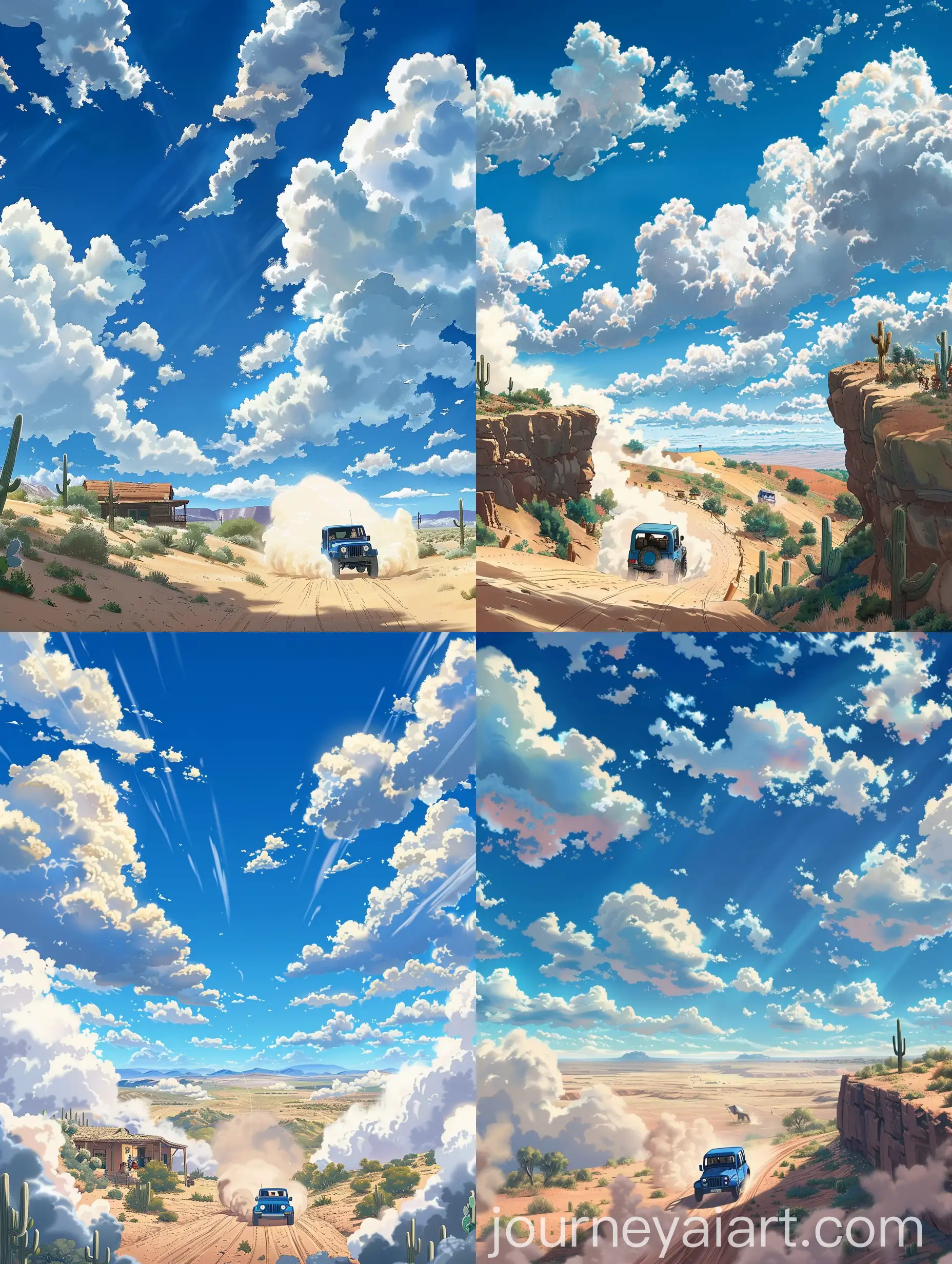 Anime-Style-Blue-Sky-Desert-Landscape-with-Jeep-and-Tavern