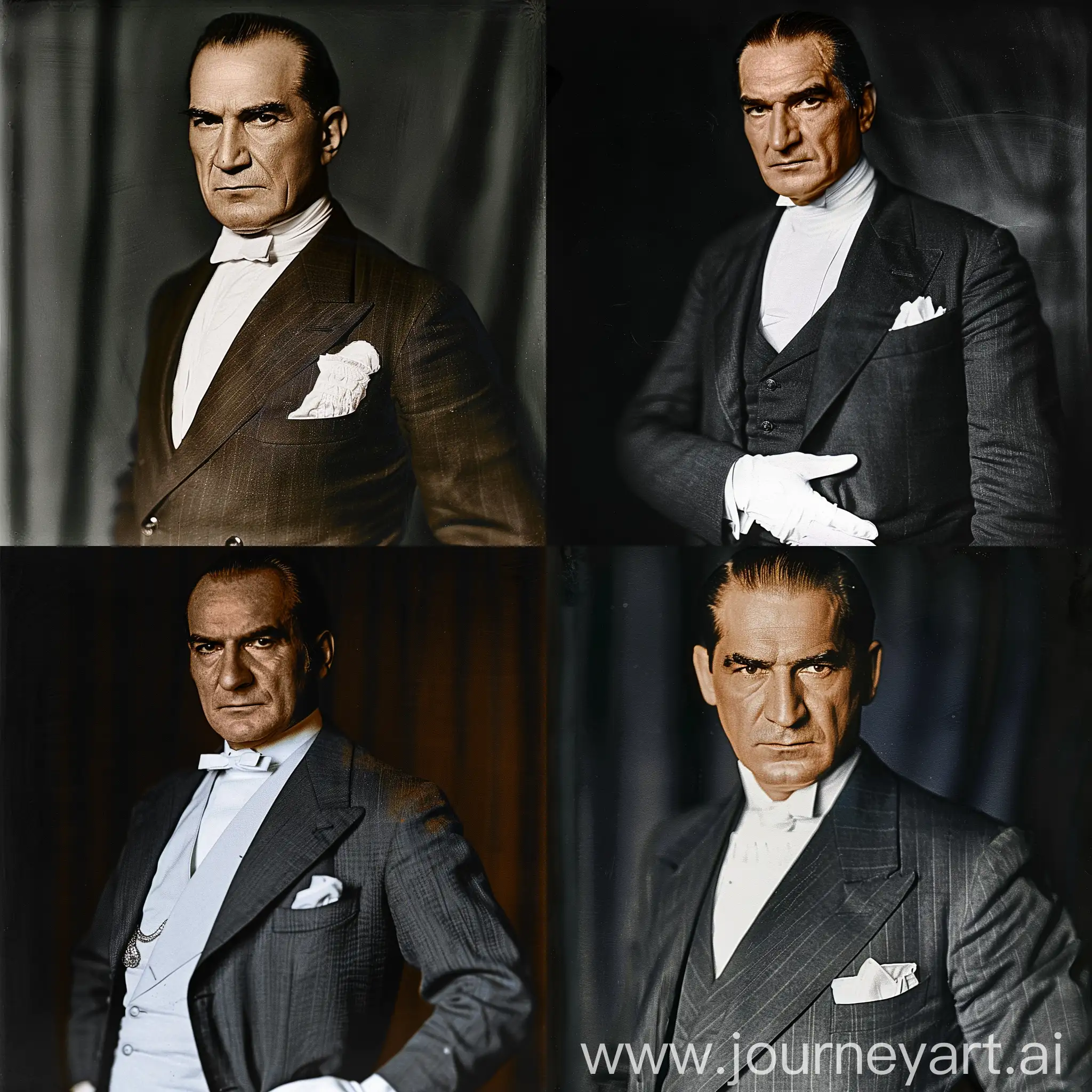 Mustafa Kemal Atatürk, depicted in fine suit, white
shirt, slicked back hair, charismatic, colorized,
cinematic lighting