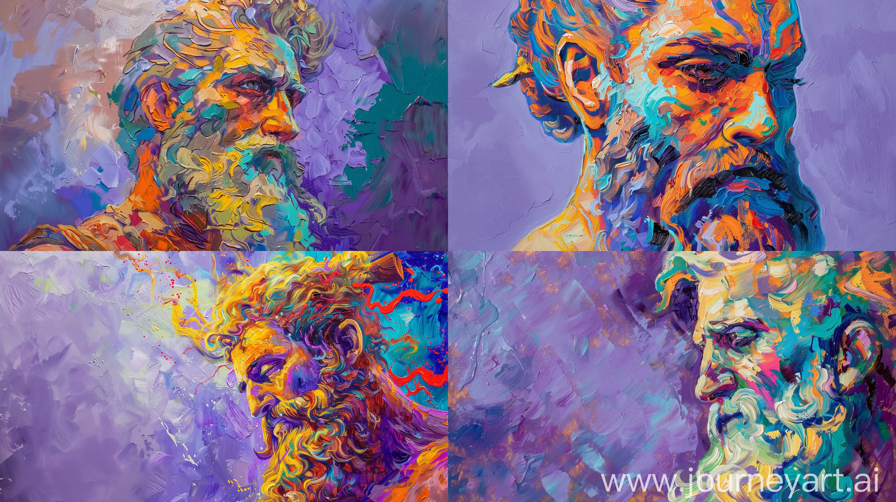 oil painting of god of war in van gogh style with soft vibrant pastel colors with purple background --ar 16:9