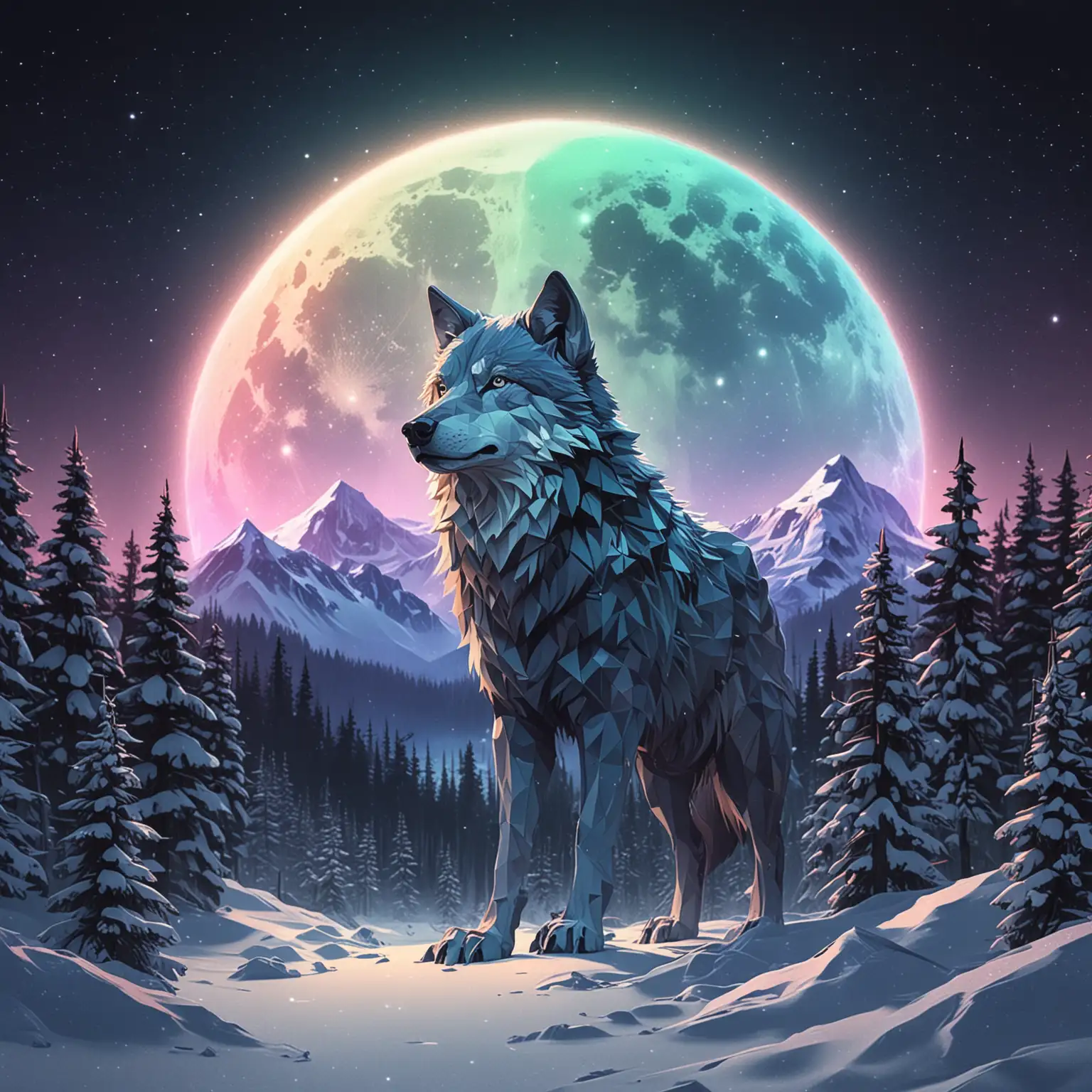 Digital-Art-Wolf-Logo-in-Snowy-Mountain-Forest-under-a-Full-Moon-with-Northern-Lights