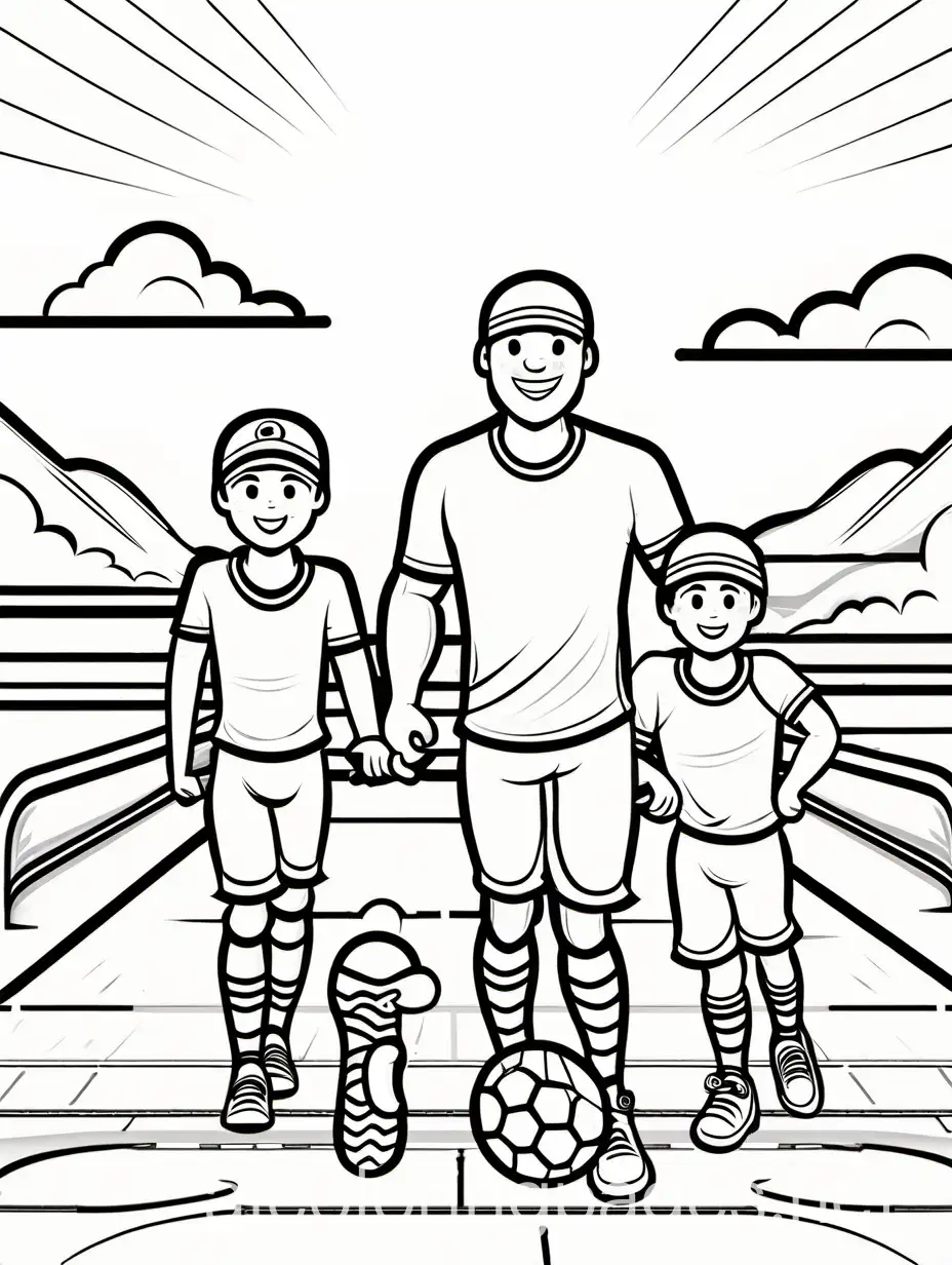 sports dad and kids black and white no shading white back round detailed high quality simplistic , Coloring Page, black and white, line art, white background, Simplicity, Ample White Space. The background of the coloring page is plain white to make it easy for young children to color within the lines. The outlines of all the subjects are easy to distinguish, making it simple for kids to color without too much difficulty