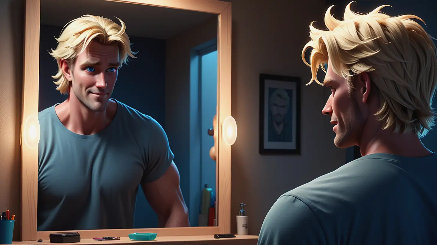 Highly detailed, fantastical style animation with vibrant colors and dramatic, soft lighting, of a rugged, blonde man in his mid-30s named Jack. He has a fit and athletic build, stands 6'2" tall, with short, tousled blonde hair, blue eyes, and a light tan complexion, wearing a loose fitting t-shirt. View from behind Jack looking in a mirror, his reflection has a subtle confident smile.