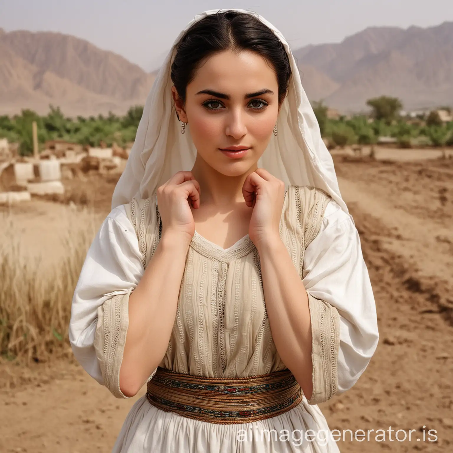 A traditional beautiful attractive Feminine Pale skin tones Afghan Peasent women she showing her flexing bulging bulky-builted muscular-biceps by tightening on her sleeves mean very tight sleeves, on her farmland she have longer hairs, and she have dark thick eyebrows and unibrows, her breasts getting extra larger, thicker and visible