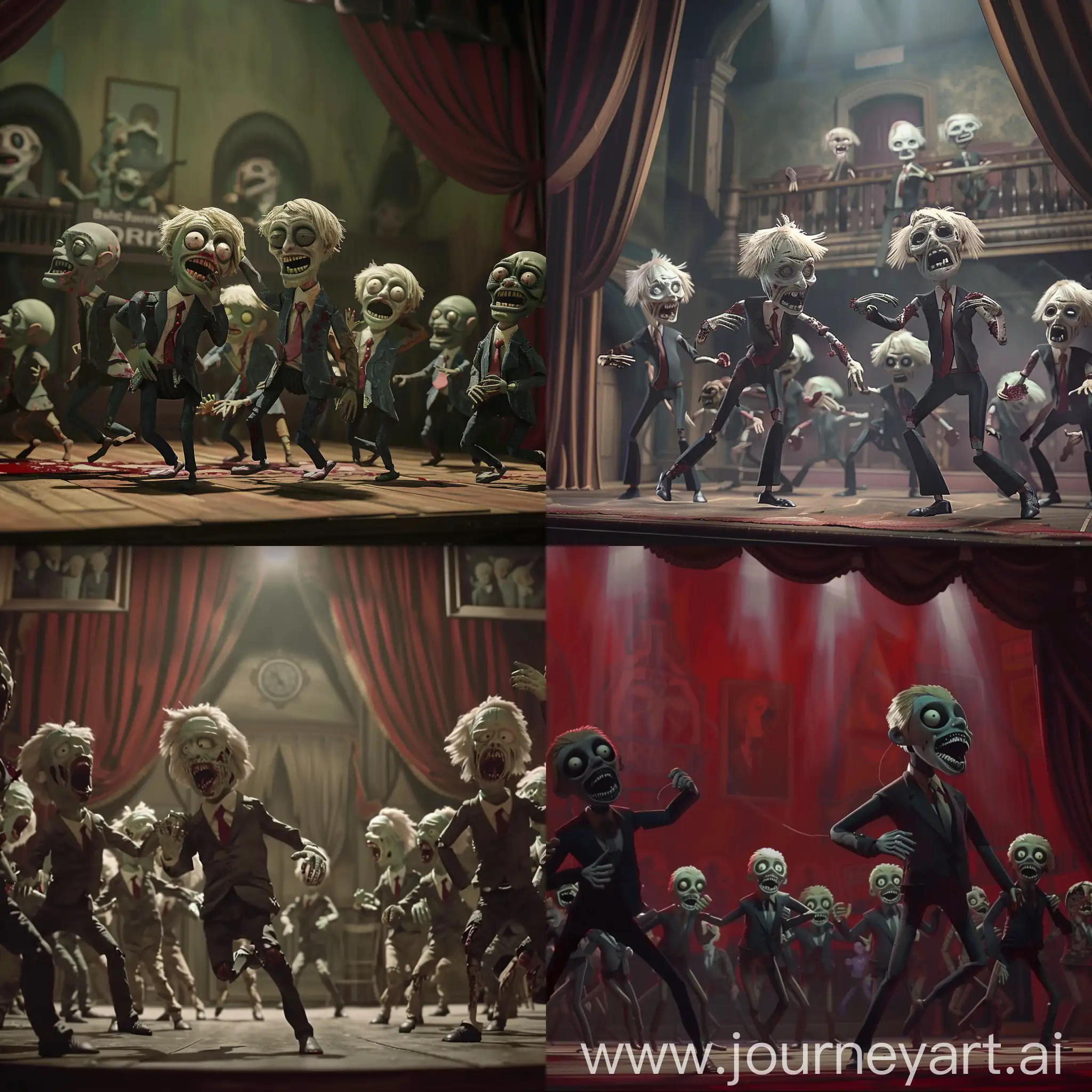 animation shows a creepy little theatre stage full of puppets dancing who represent Boris Johnson. It's a kind of zombie dance,