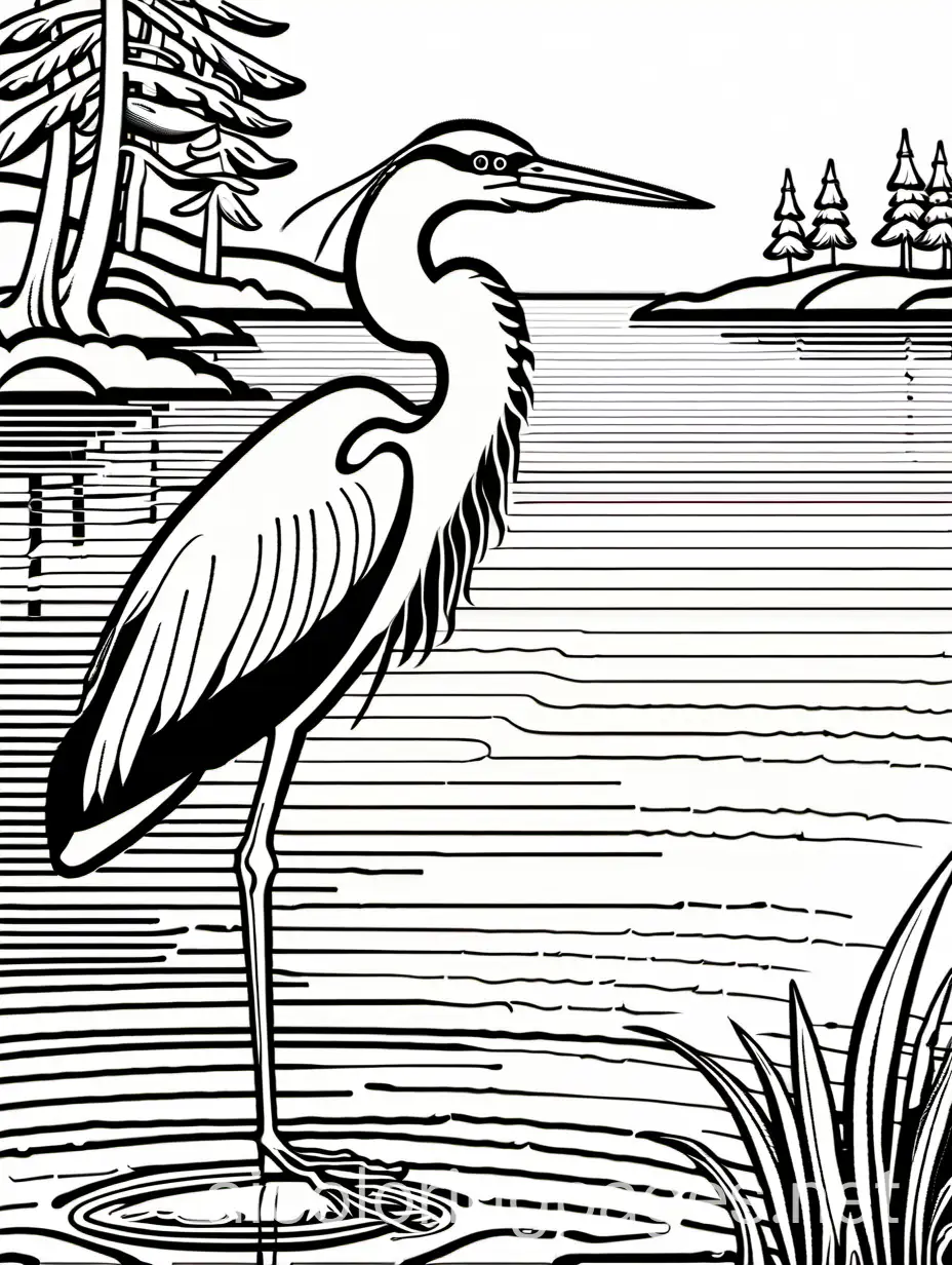 Heron: Long-legged and patient by the water’s edge.
, Coloring Page, black and white, line art, white background, Simplicity, Ample White Space. The background of the coloring page is plain white to make it easy for young children to color within the lines. The outlines of all the subjects are easy to distinguish, making it simple for kids to color without too much difficulty