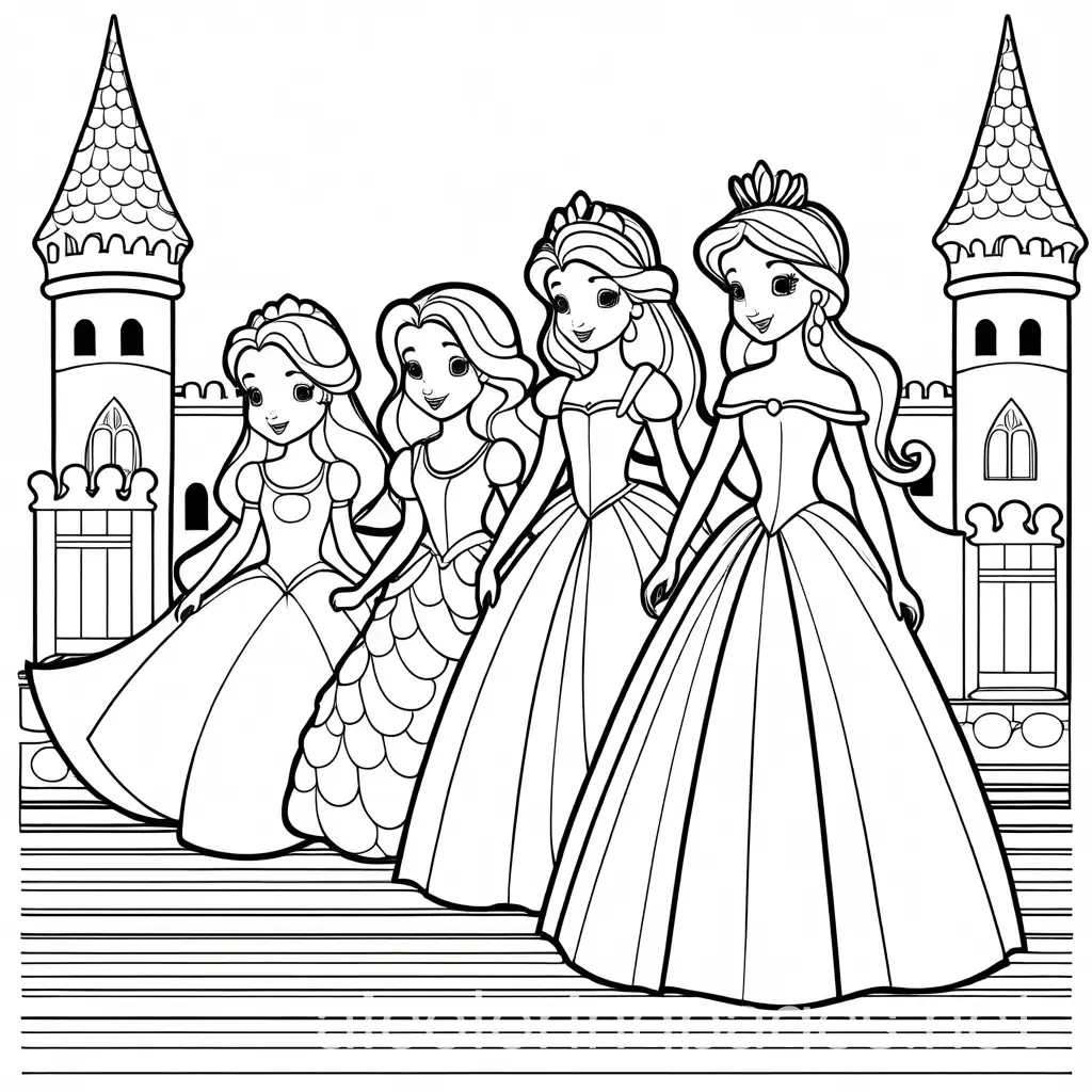Princesses, Coloring Page, black and white, line art, white background, Simplicity, Ample White Space. The background of the coloring page is plain white to make it easy for young children to color within the lines. The outlines of all the subjects are easy to distinguish, making it simple for kids to color without too much difficulty