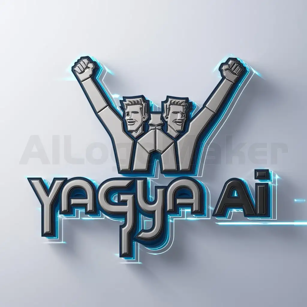 a logo design,with the text "Yagya.ai", main symbol:two men cheering with arms up,complex,be used in AI industry,clear background