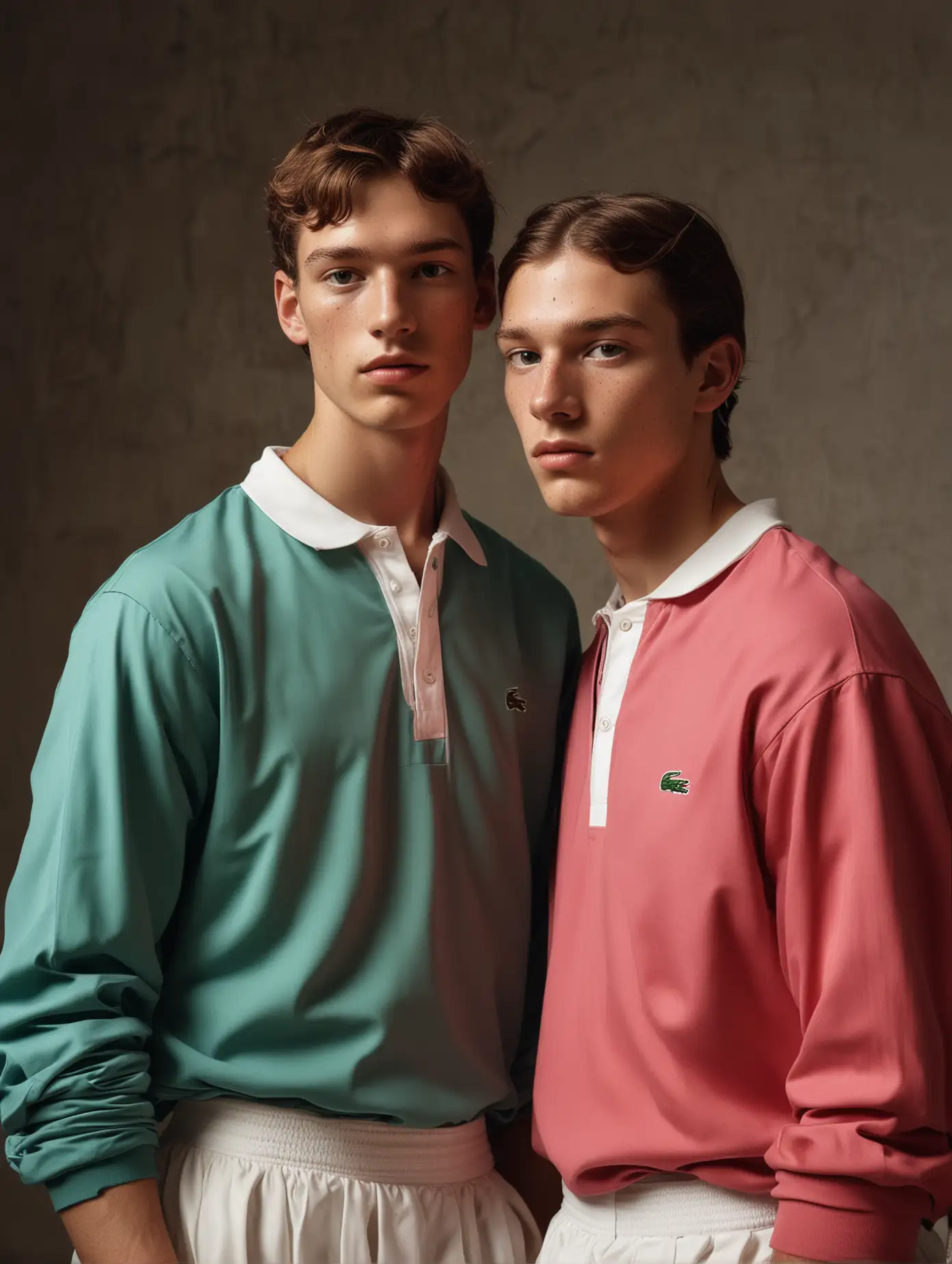 male models with freckels and semi dark skin is posing like in an old renaissance painting, models are wearing full lacoste outfits, tennis skirt, colorful clothes, models are floating 