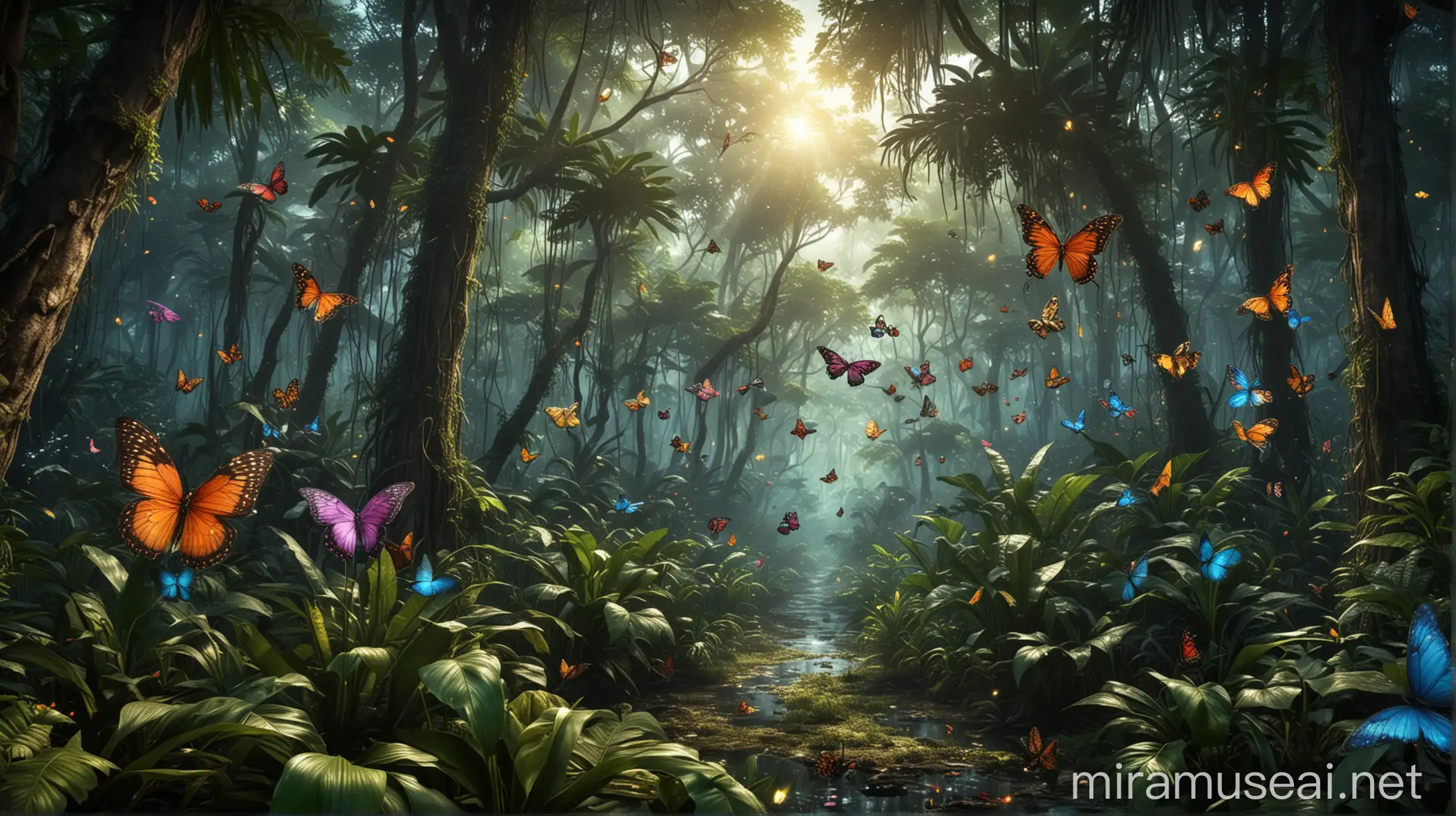 Dunia fantasi Penuh dengan kupu kupu dan kunang kunang berterbangan background hutan tropis yang sejuk, realistis ultra HDR extreme 
