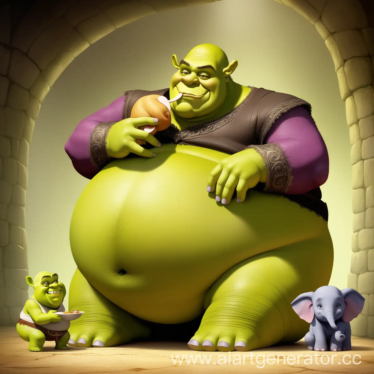 
 art shrek with fat stomach eating little elephant