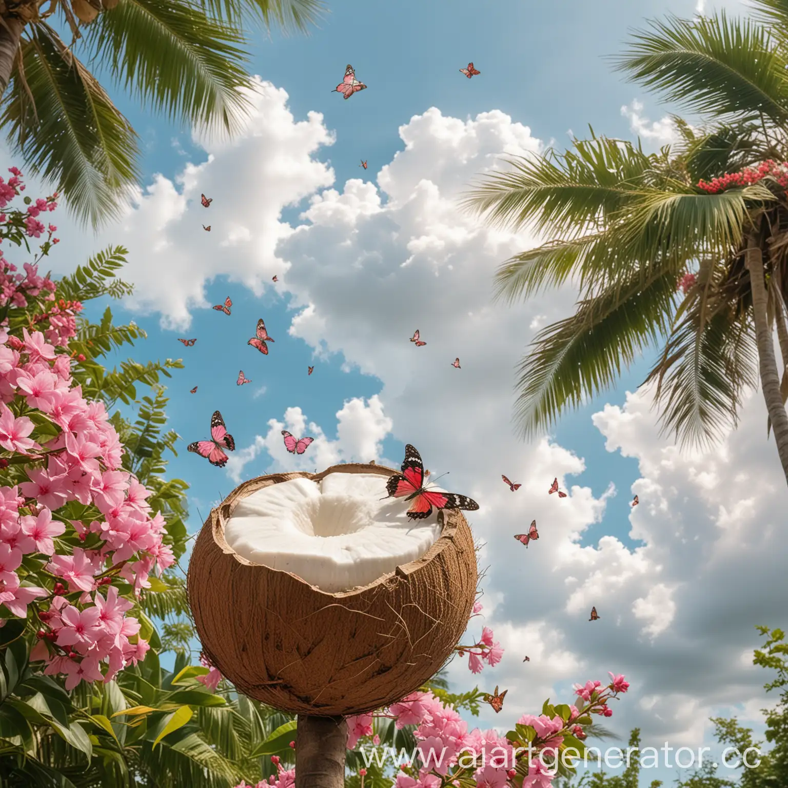 Tranquil-Scene-of-a-Coconut-Tree-with-Pink-Flowers-and-Butterflies