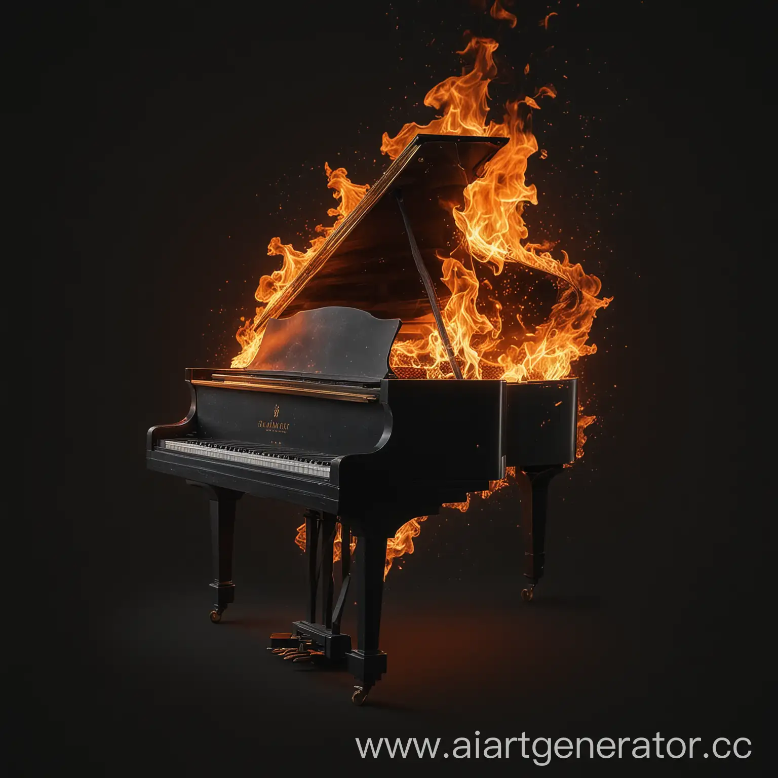 черный фон, по центру пианино в огне