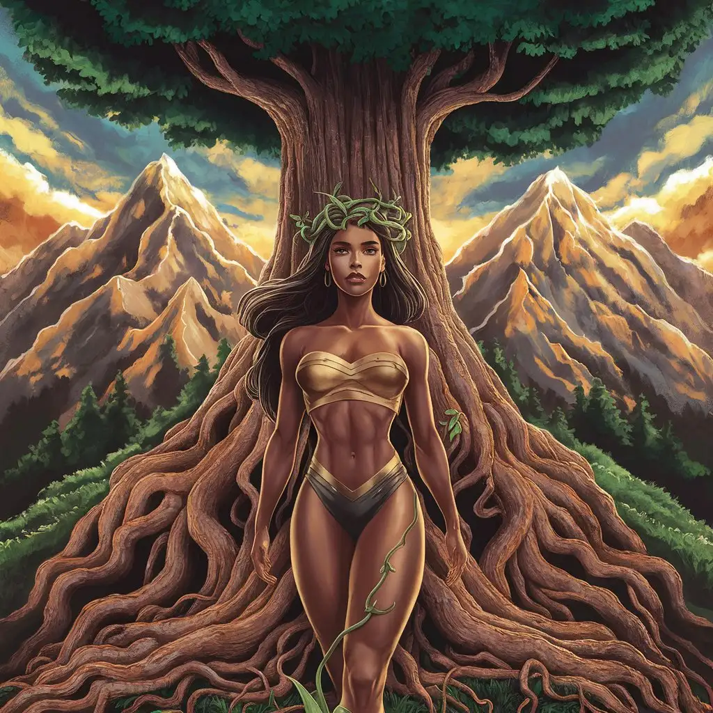 Earth with woman, tree, and mountain background